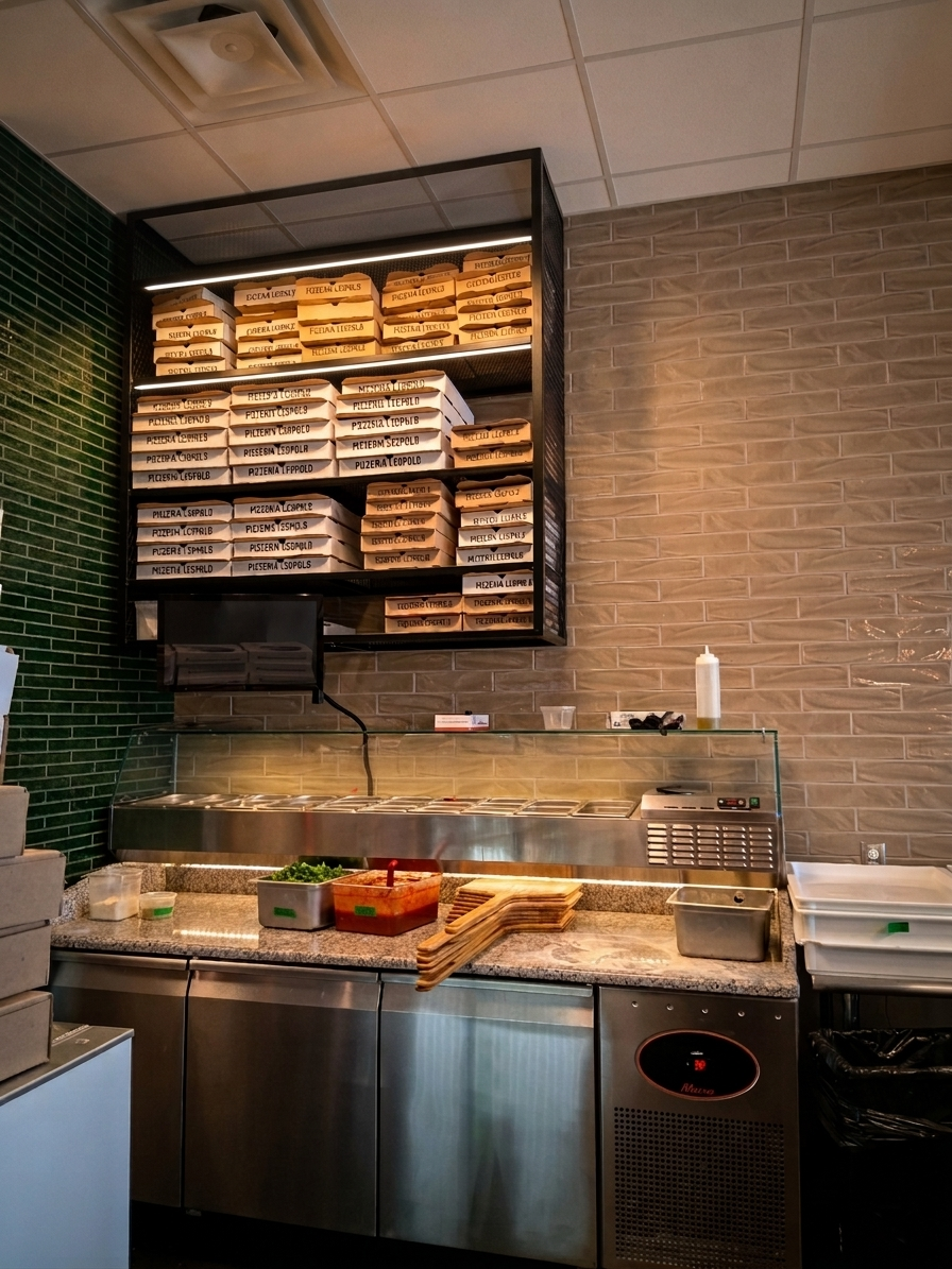 Commercial kitchen prep counter with stacked trays, bread shelves, and stainless steel equipment