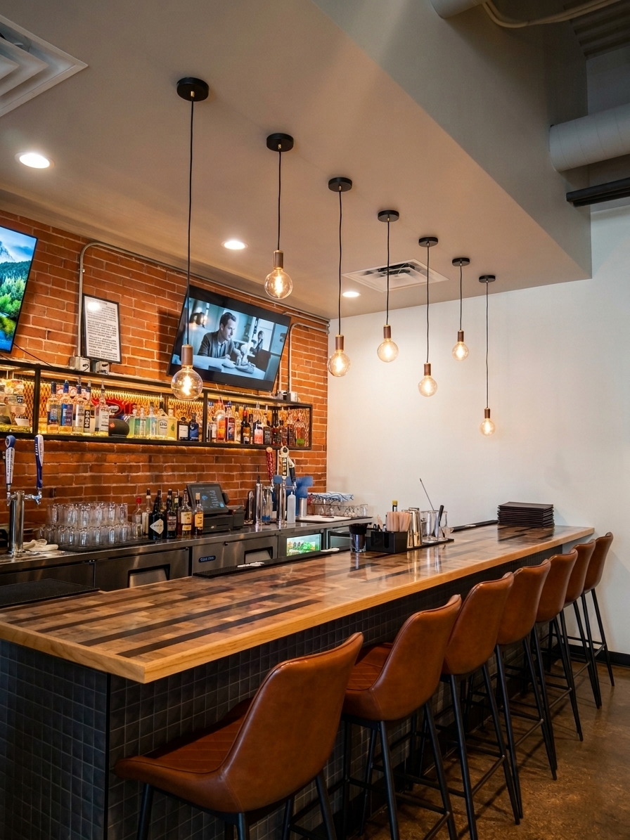 Modern bar interior with wooden counter, hanging pendant lights, and orange stools