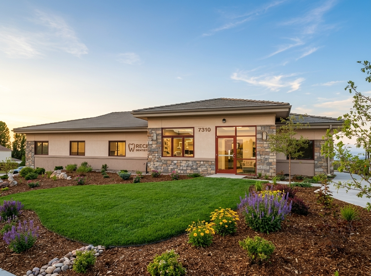 Single-story modern house at dusk with a landscaped front yard and warm interior lights