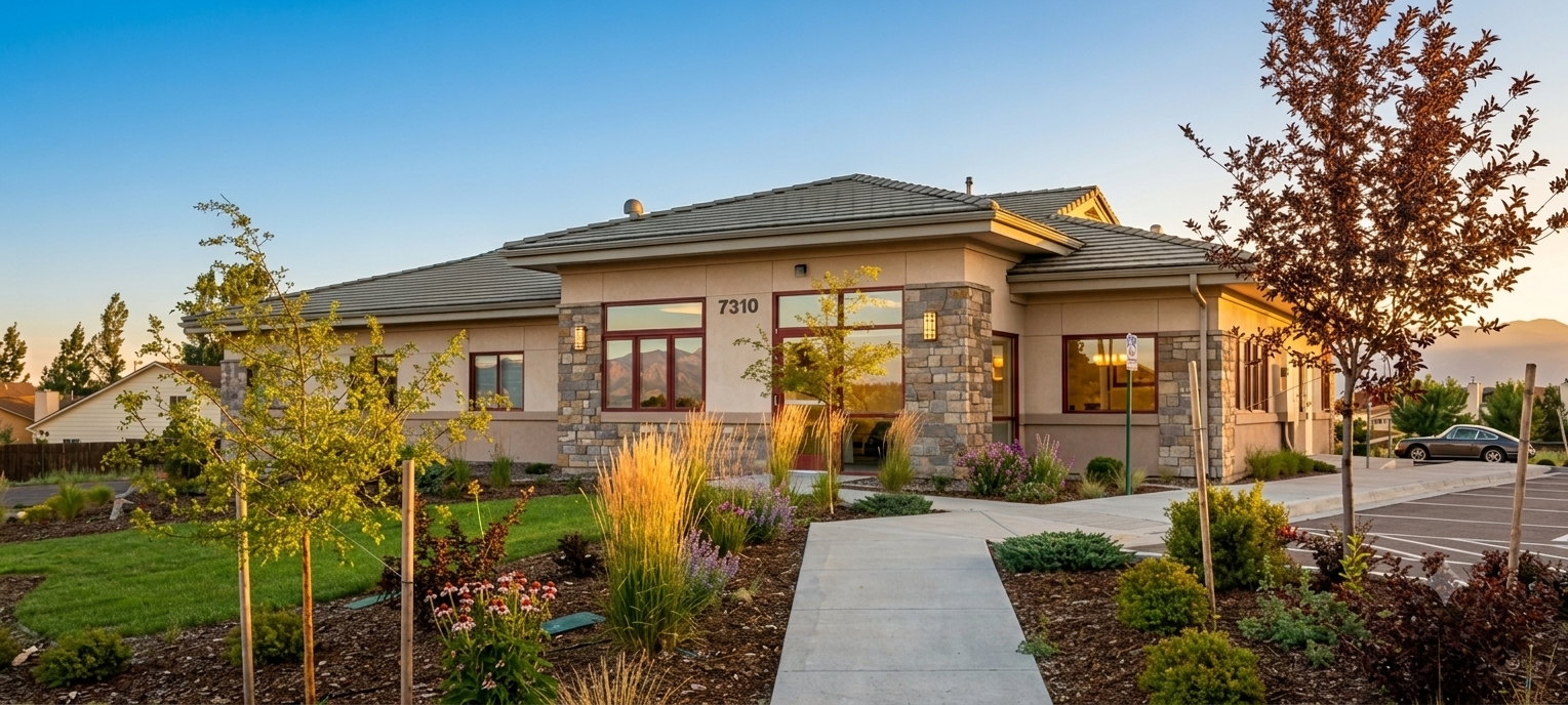 Modern single-story house with landscaped front yard and walkway at sunset