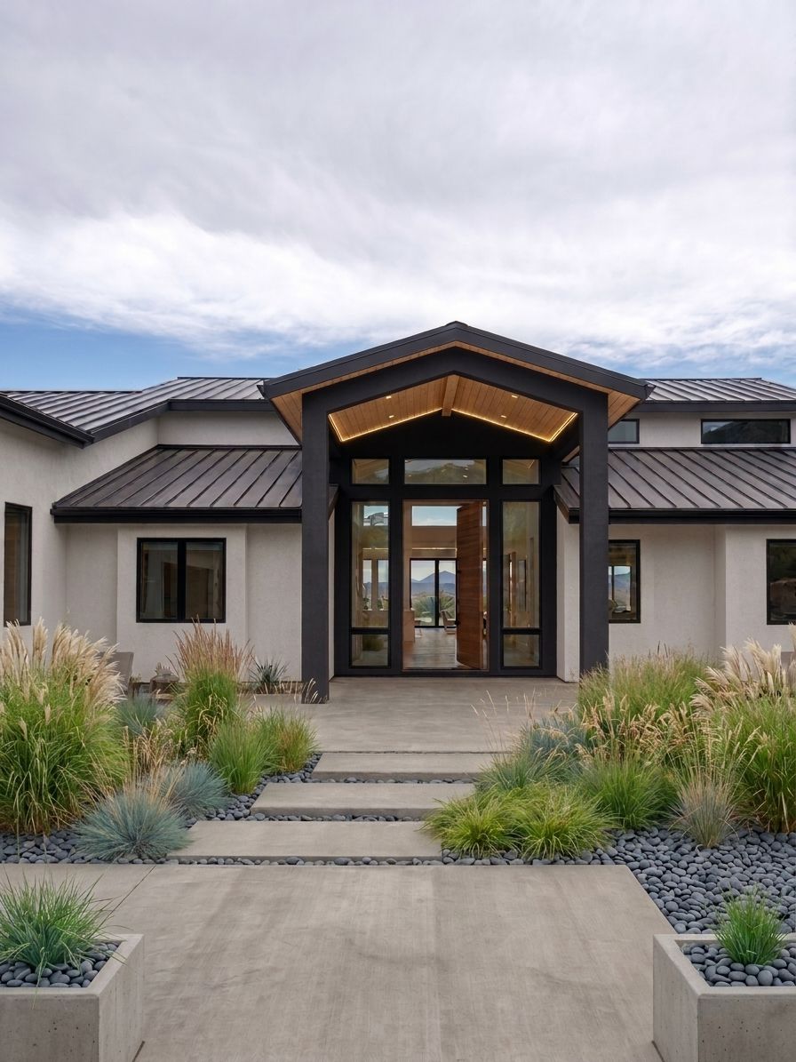 Modern house entrance with steps, landscaped path, and a covered front porch under a cloudy sky