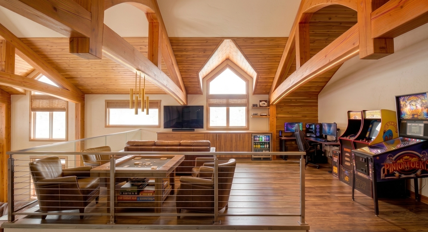 Loft recreation room with pool table, couches, TV, and arcade games under wooden beams