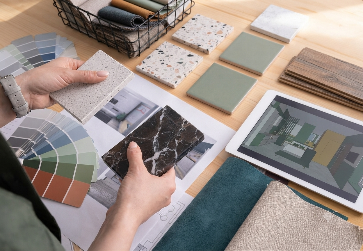 Hands comparing fabric and color swatches on a design table with sample materials and floor plans