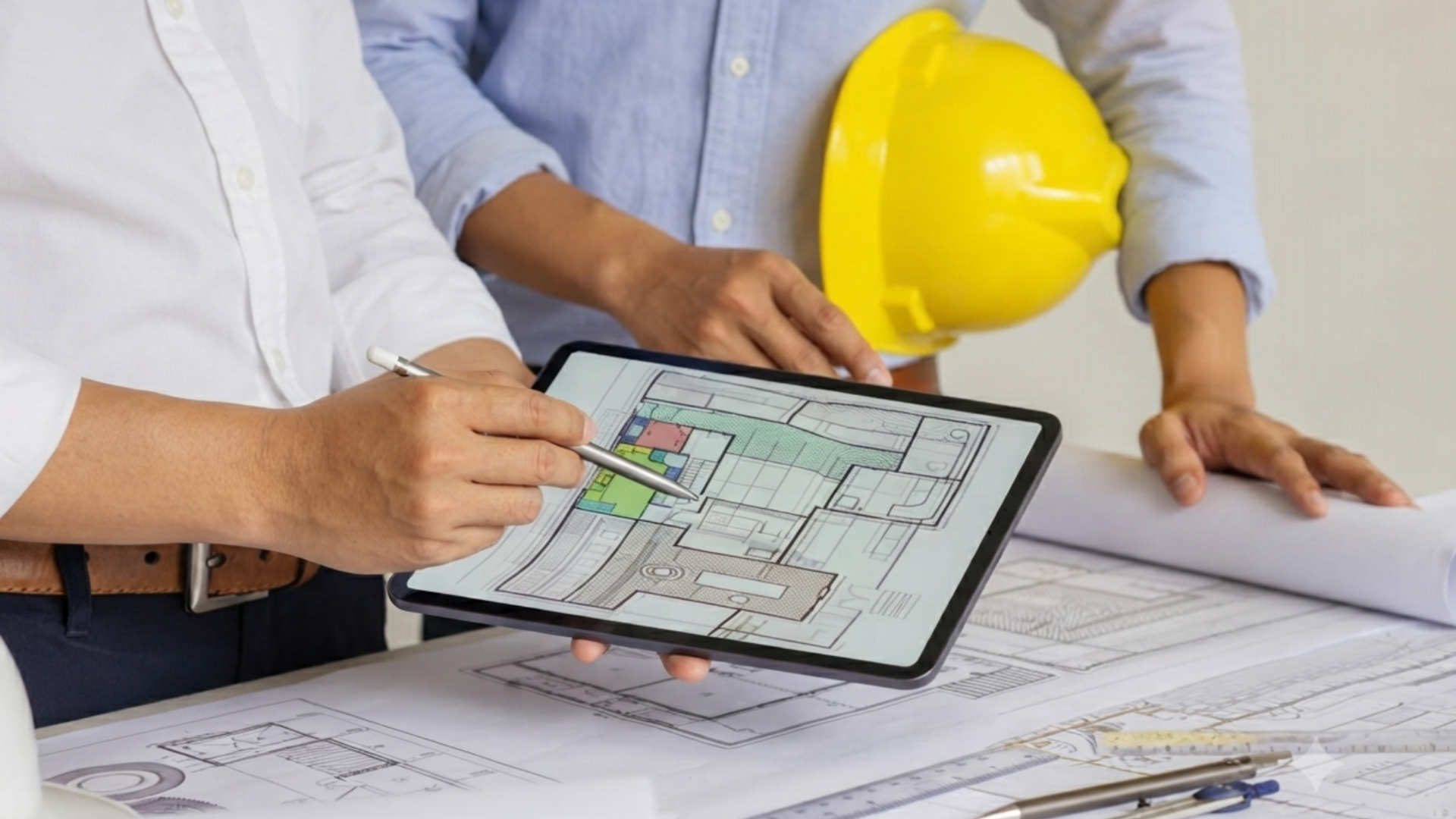 Two people reviewing blueprints on a tablet at a construction site, with a yellow hard hat nearby