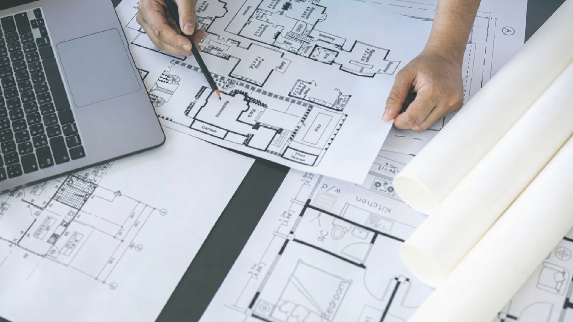 Hands pointing at architectural floor plans beside a laptop on a desk
