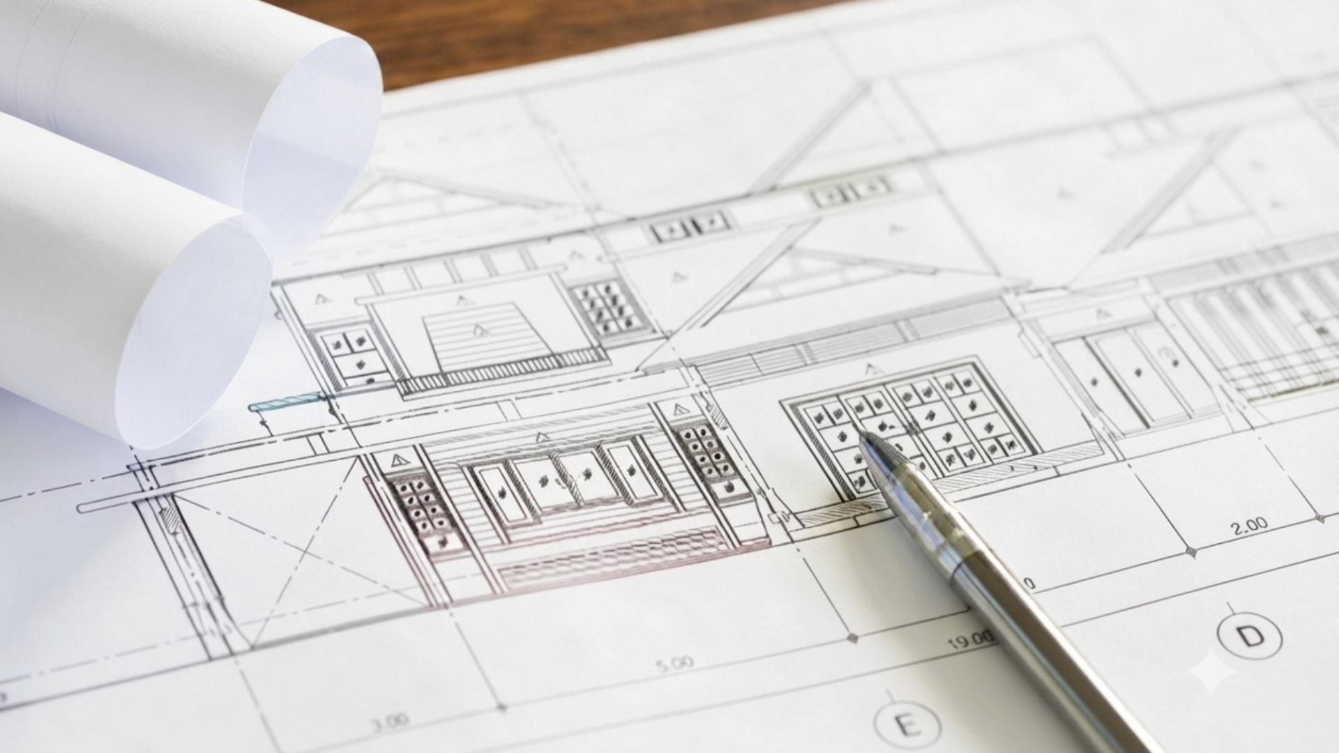 Architectural blueprints with rolled plans and a pencil on a drafting table