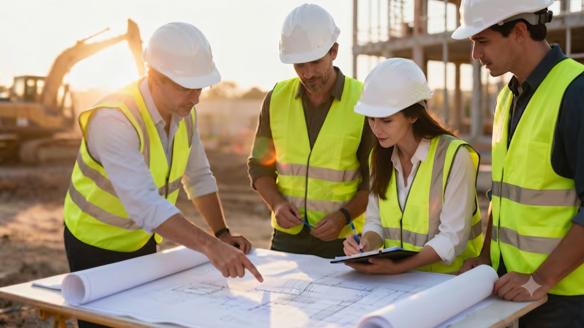 Construction team in hard hats reviewing blueprints at a building site during sunset