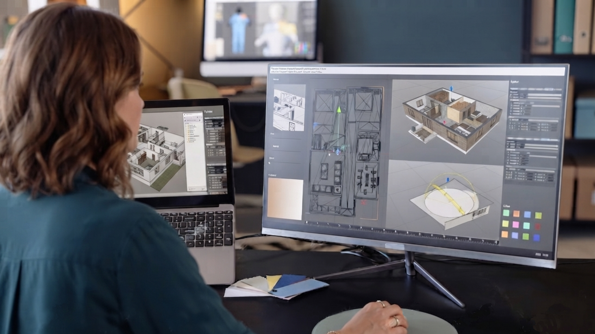 Person working at a desk with dual monitors showing architectural design plans and 3D model visuals