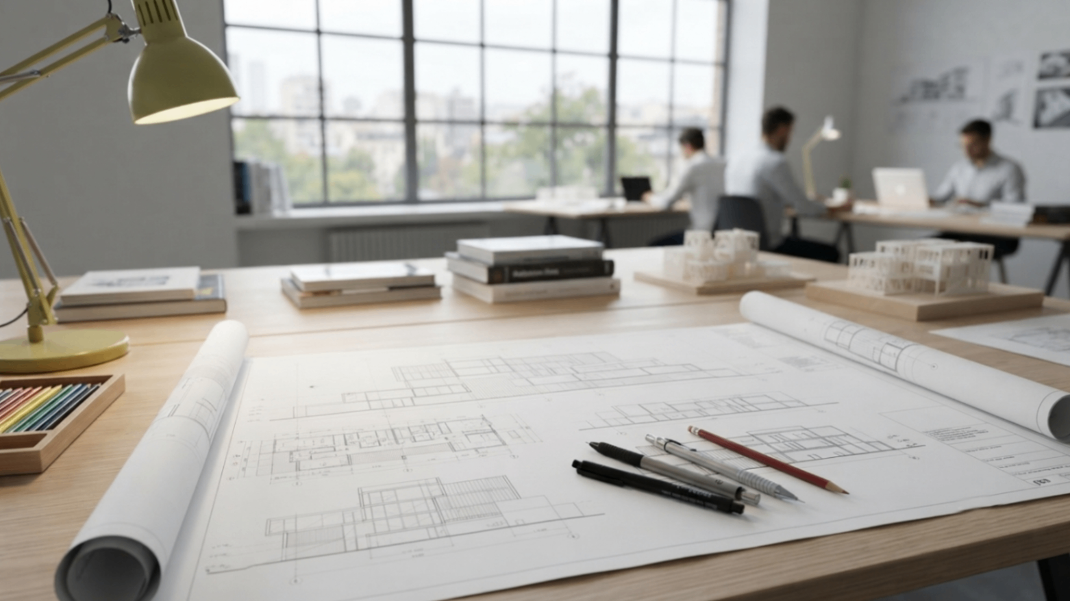 Architects' desk with blueprint sketches, pens, and a desk lamp in a bright studio with people in the background