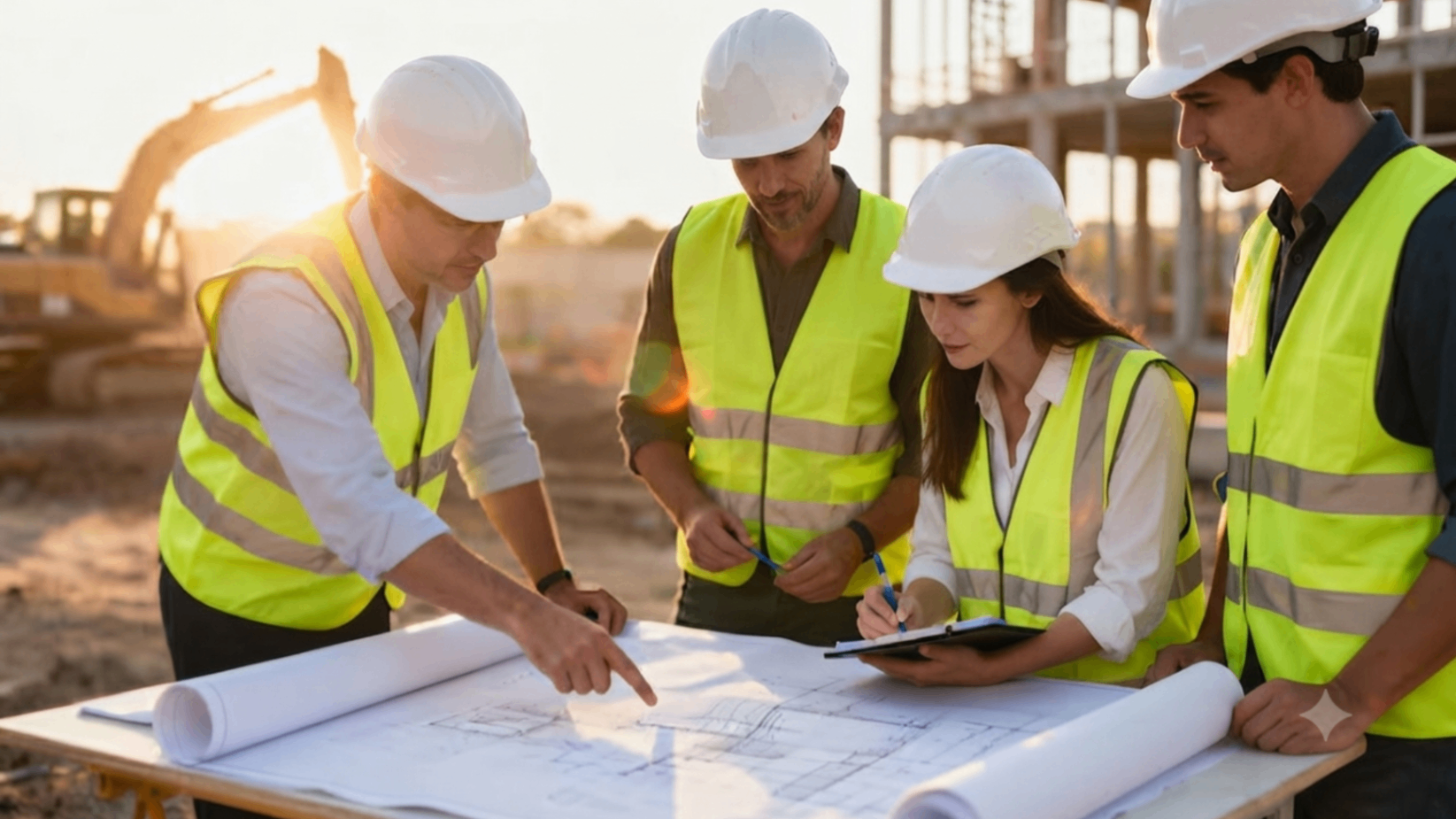 Construction team in hard hats reviewing blueprints at a building site during sunset