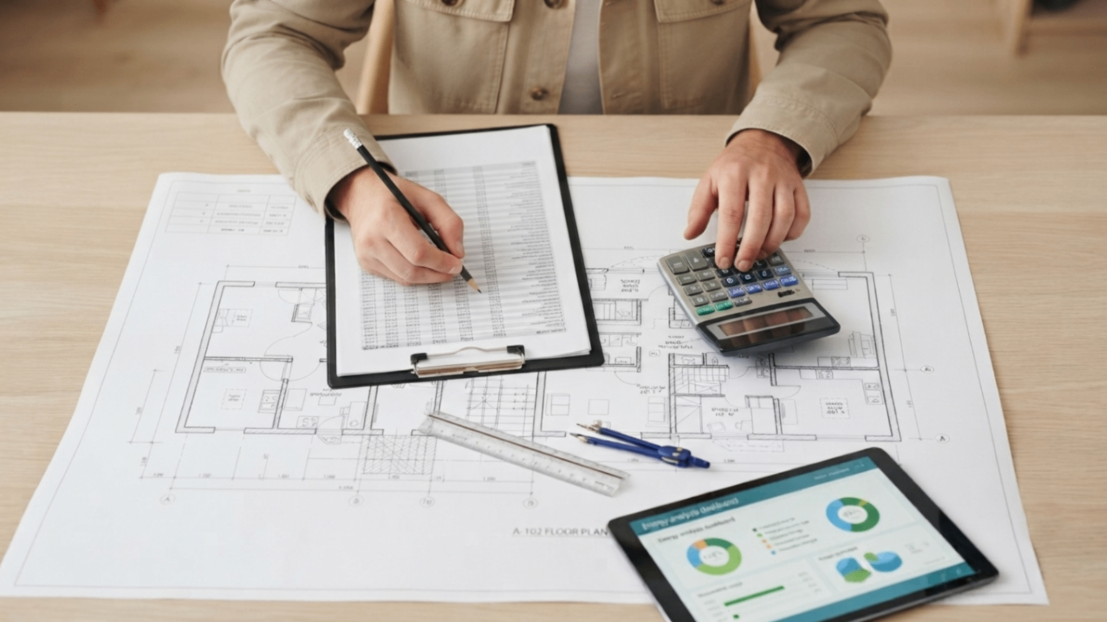 Person drafting a floor plan with a clipboard, ruler, and tablet on architectural blueprints