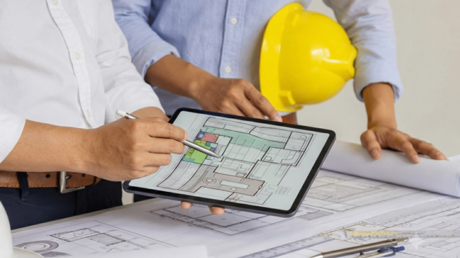 Two people reviewing blueprints on a tablet at a construction site, with a yellow hard hat nearby