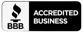 BBB Accredited Business logo on black and white badge with torch icon