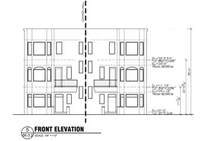 Architectural front elevation drawing of a two-story building with windows and doors, labeled