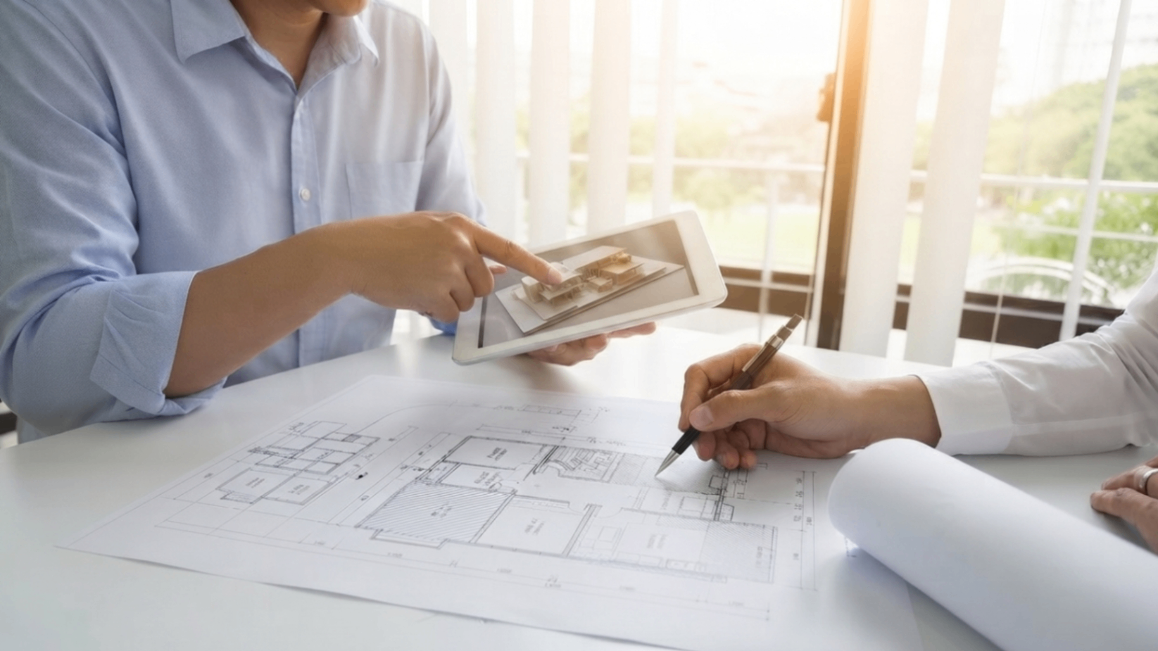 Two people reviewing architectural plans, one pointing at a tablet over a sunlit desk