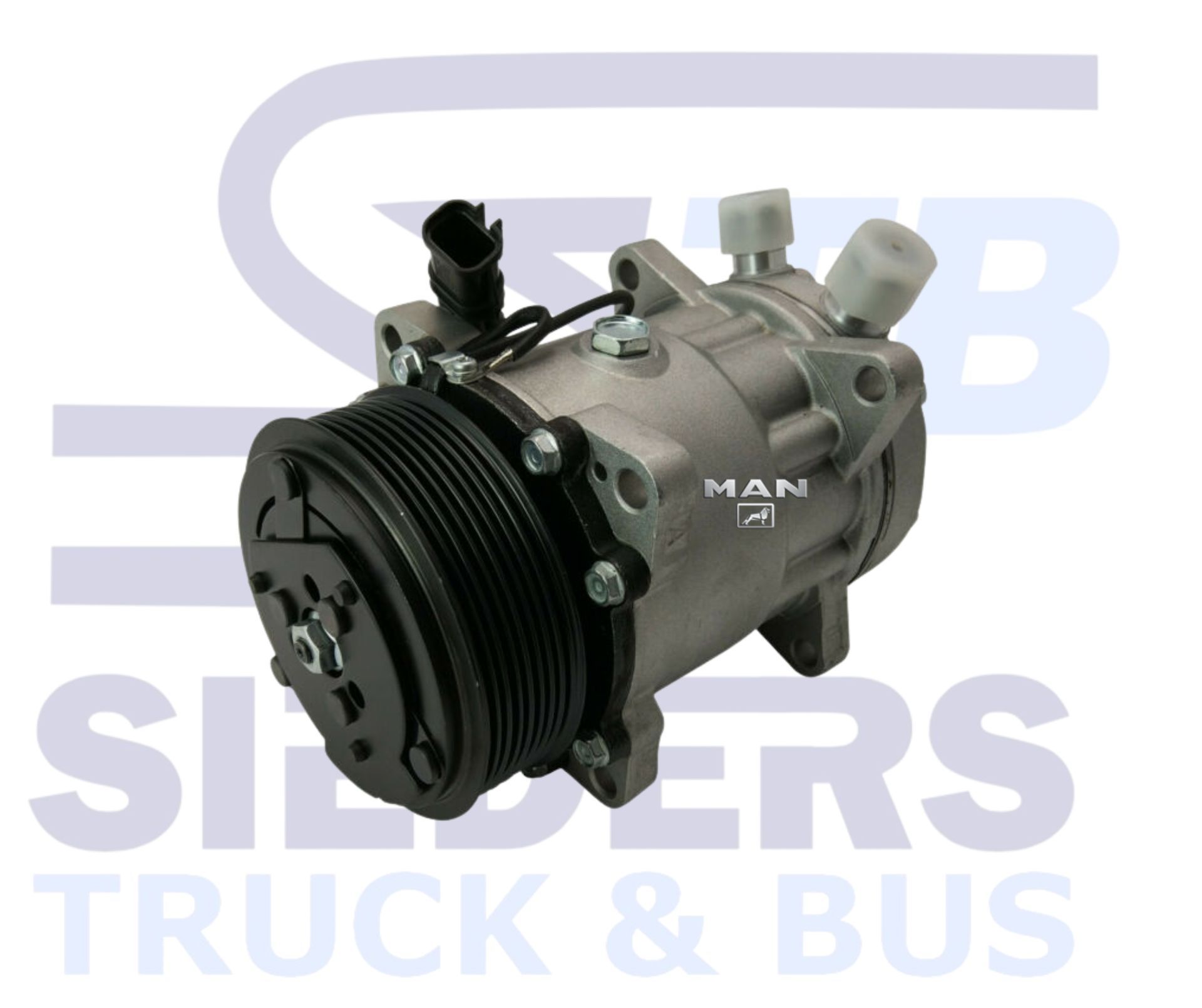 Air conditioning compressor for a truck, with a black pulley and silver body.