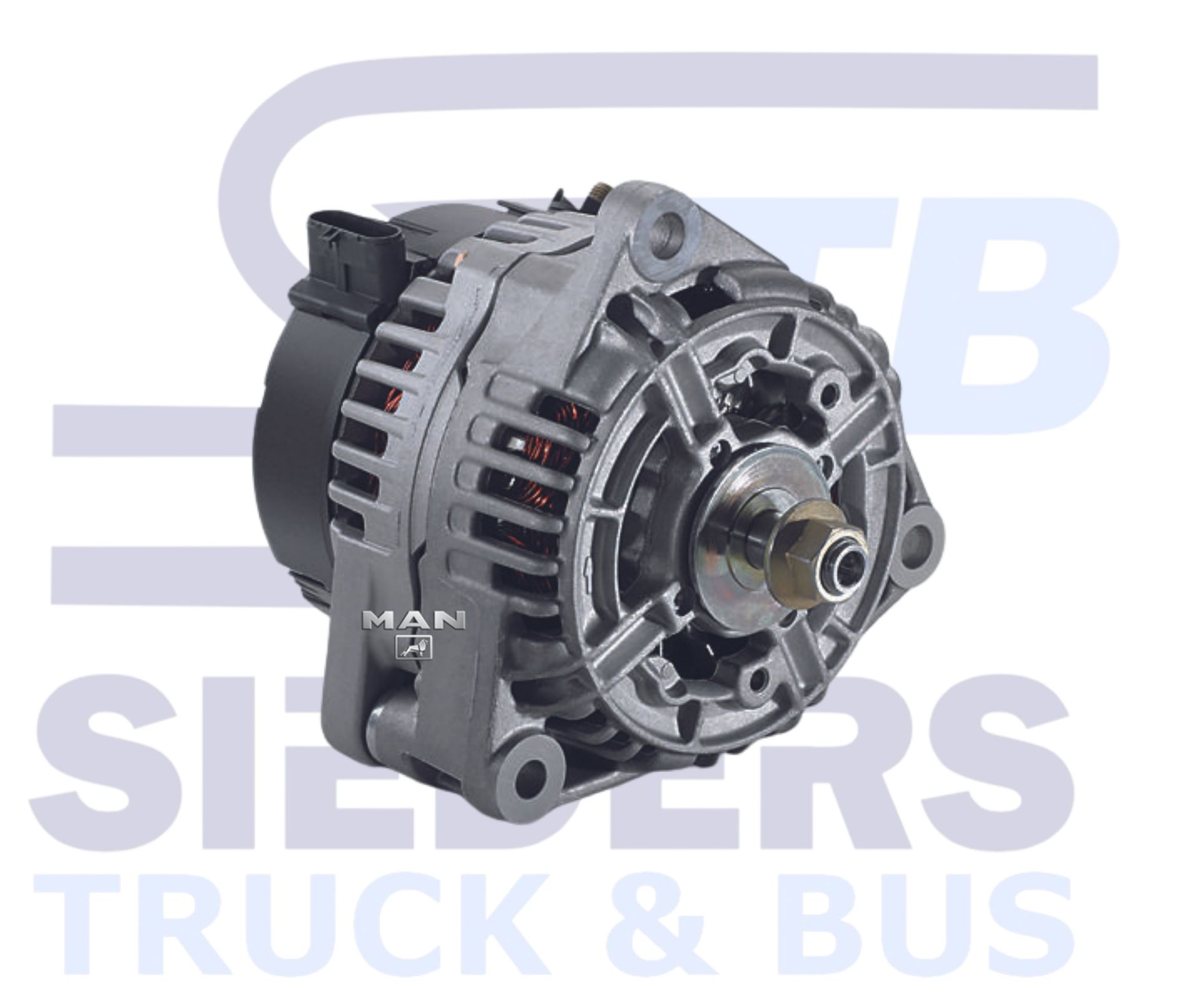 Alternator for a truck or bus with mounting brackets, rotor, and connections.