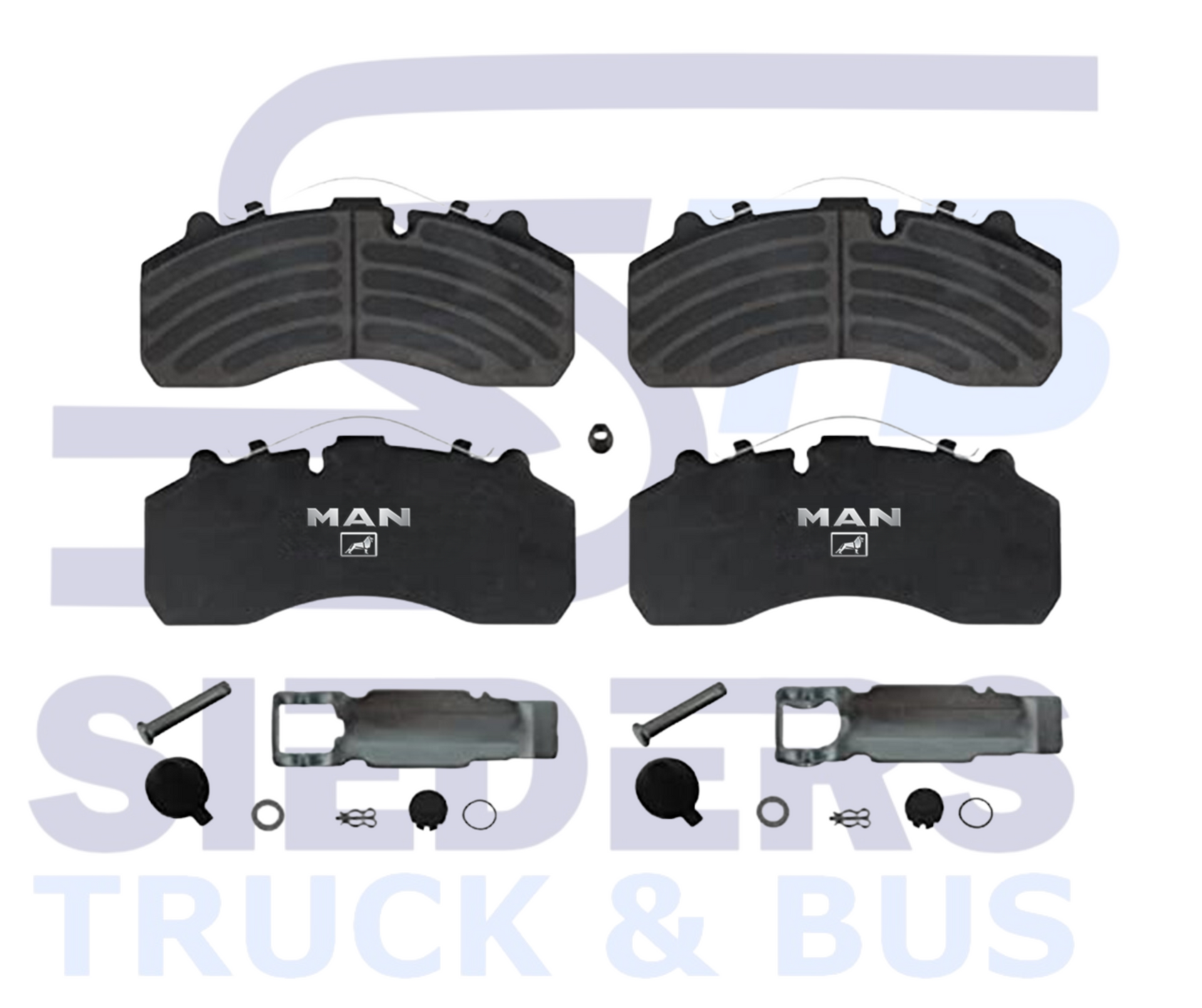 Set of MAN truck brake pads and hardware. Black and gray, arranged for viewing.