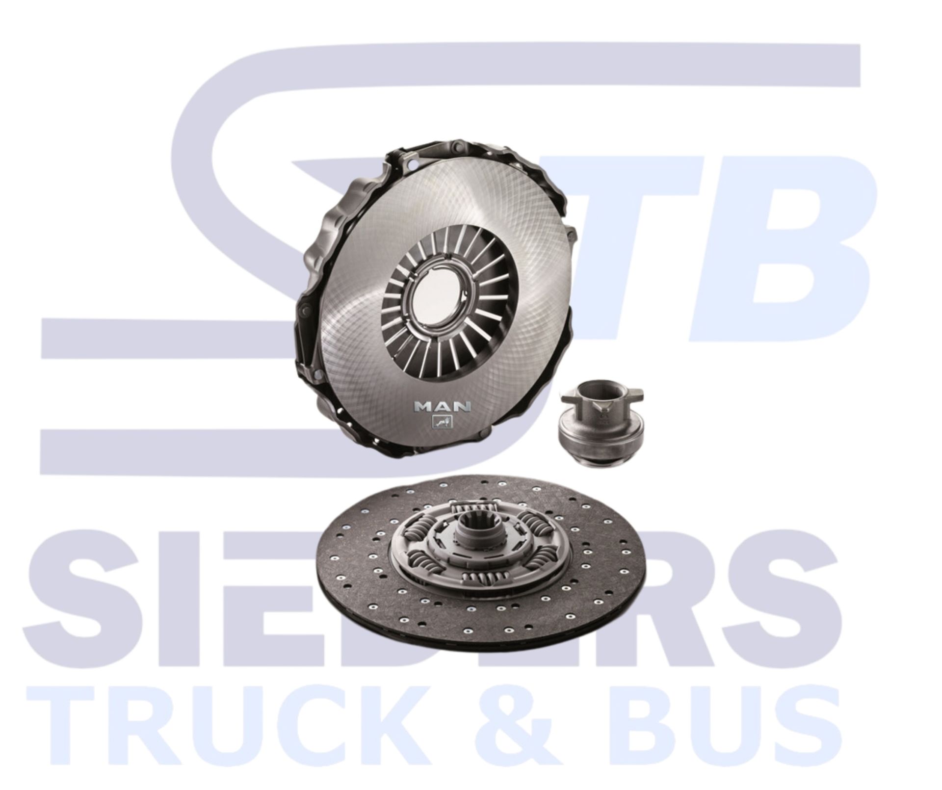 Clutch assembly for a truck, including a disc, pressure plate, and release bearing.