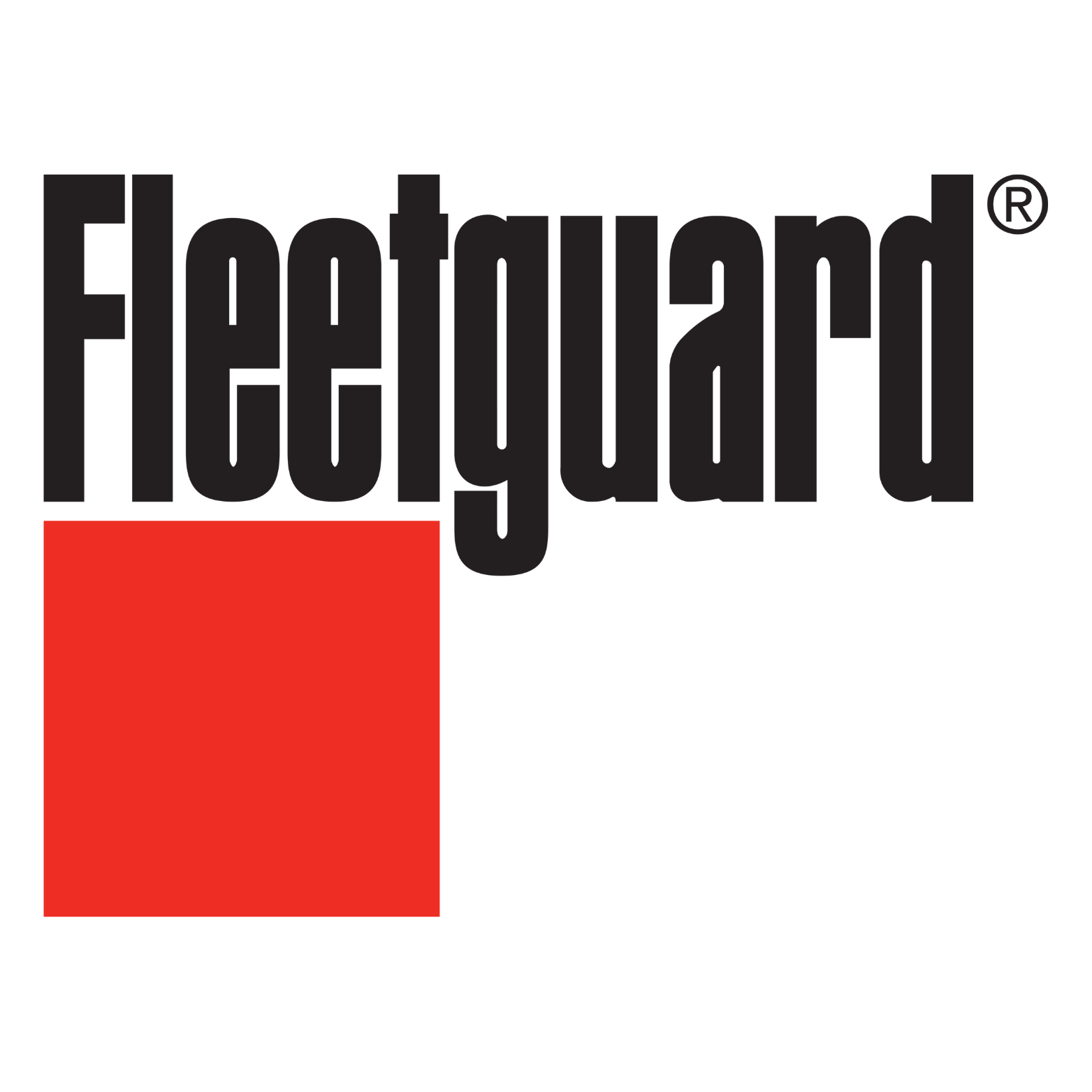 Fleetguard logo: Black text with the company name over a red square.