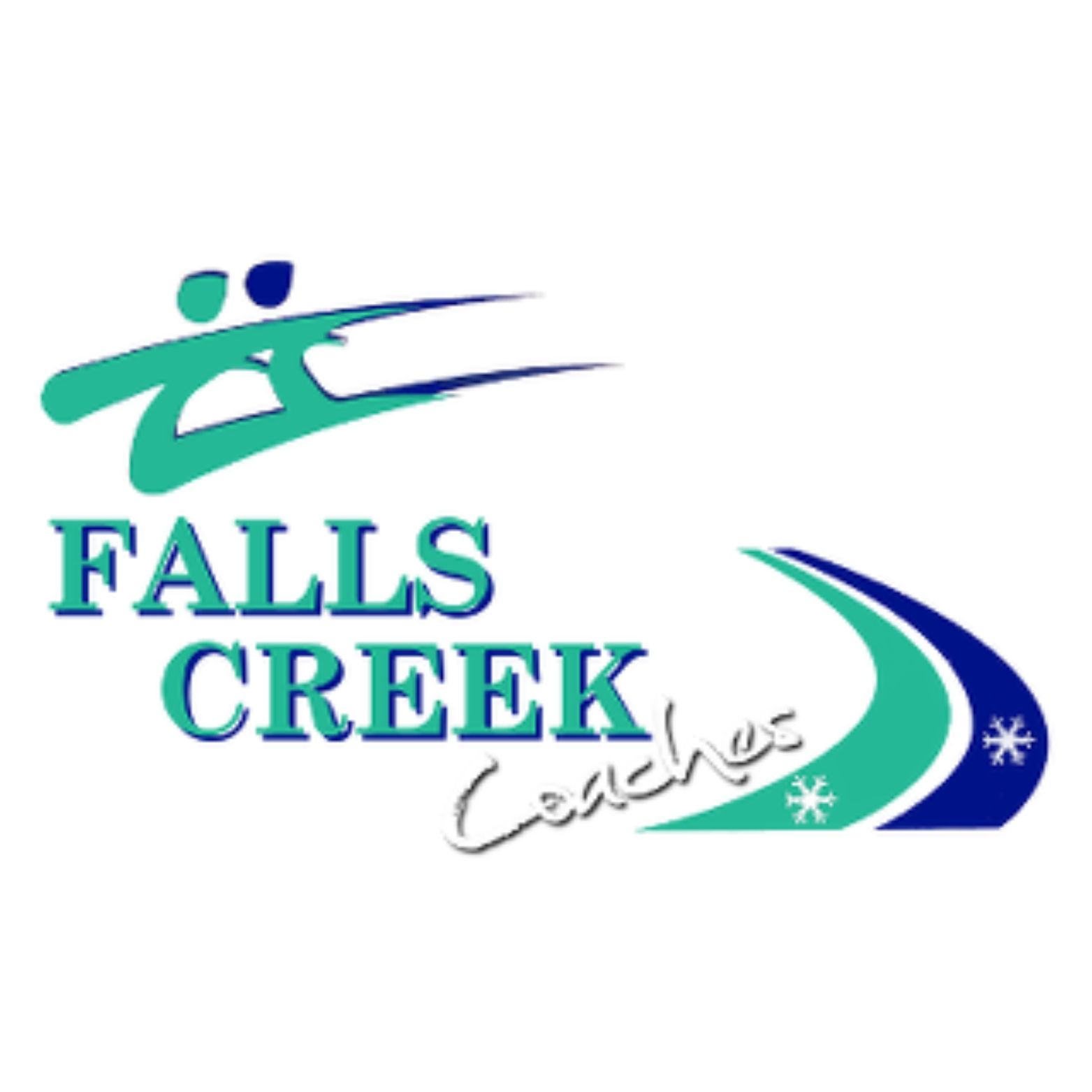 Logo for Falls Creek Coaches: stylized skiers and curved line with the words