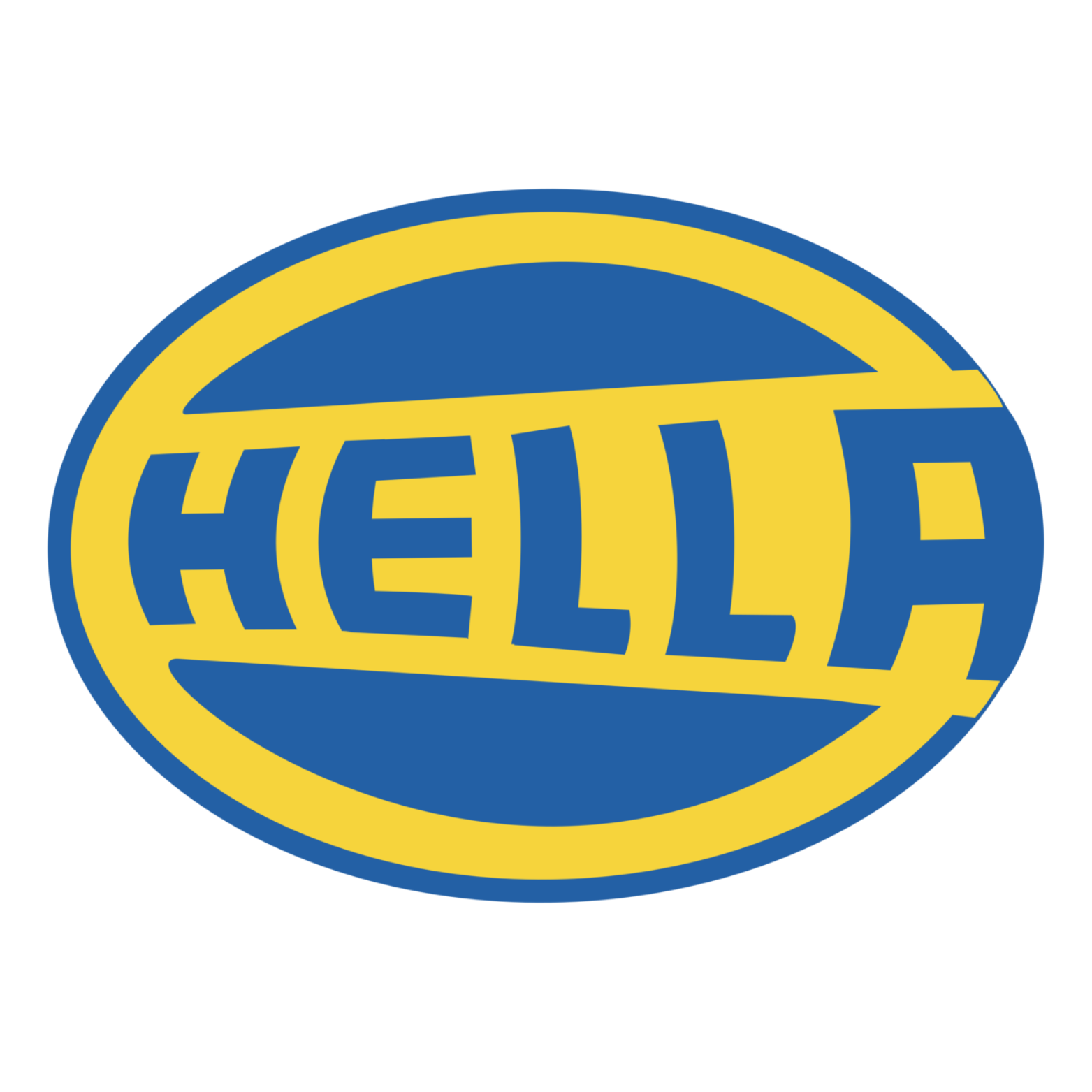 HELLA logo: blue text on yellow background, within an oval shape.