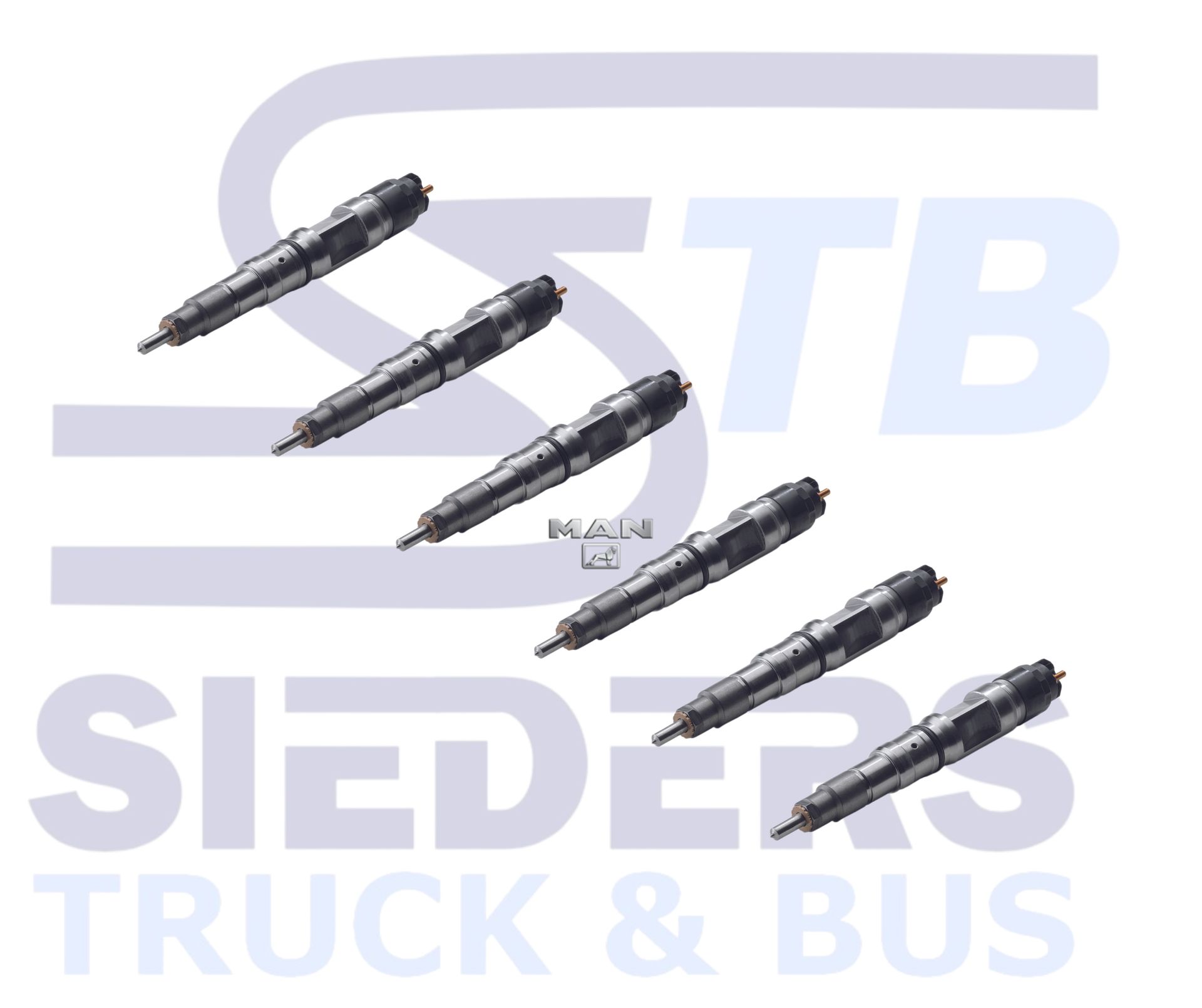 Six fuel injectors arranged at an angle against a white background with a logo.