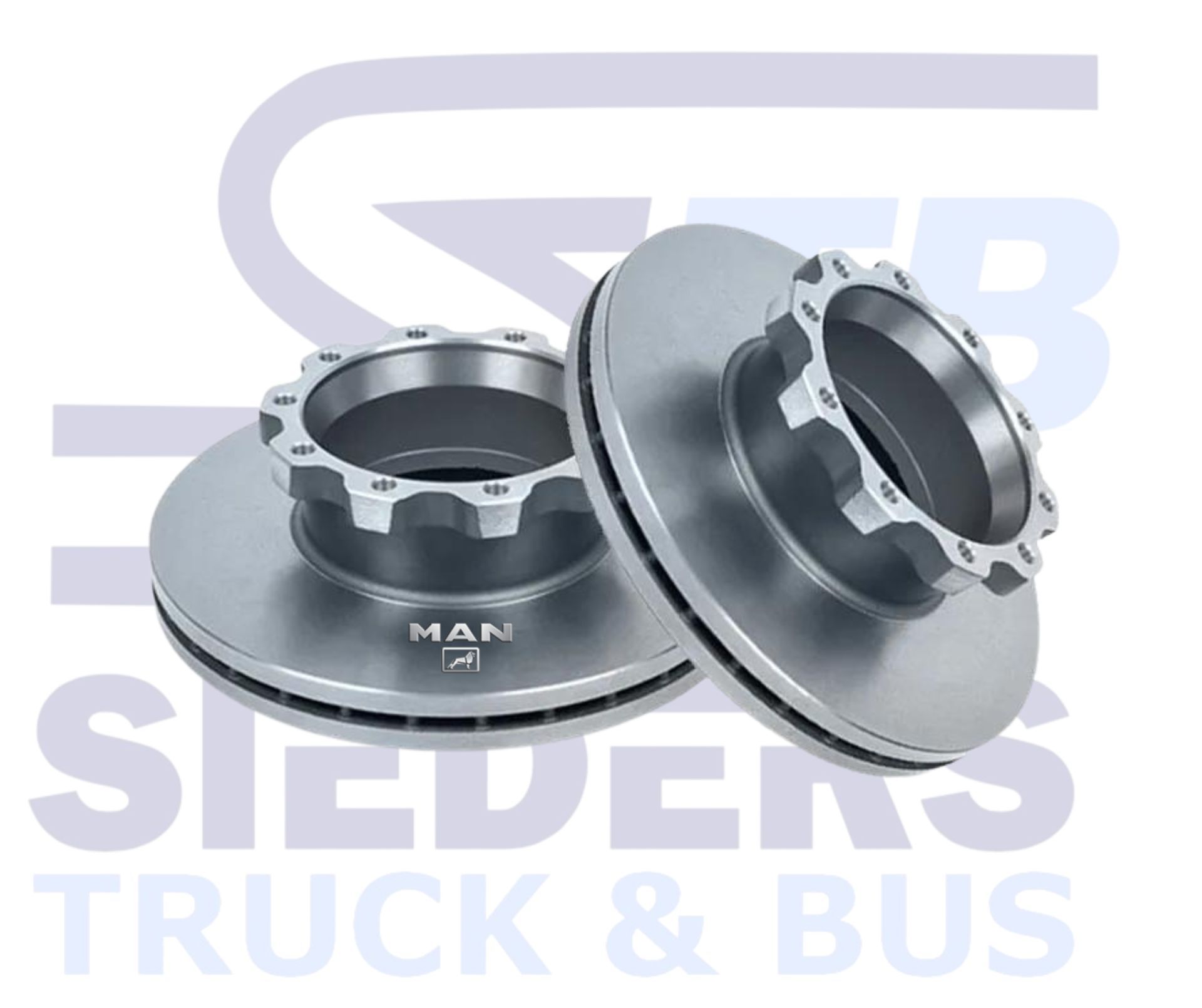 Two silver MAN truck disc brake rotors.