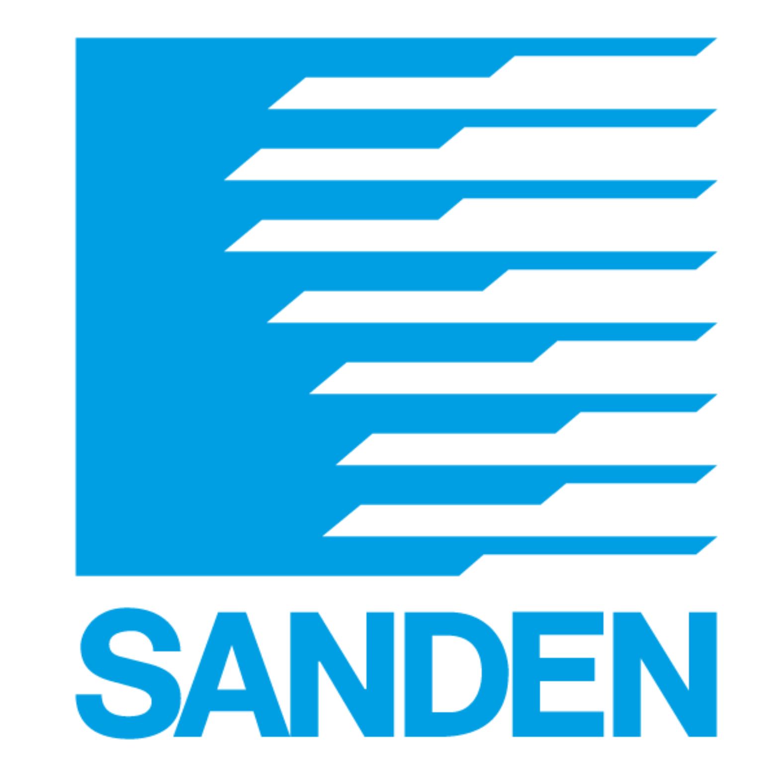 Blue Sanden logo: square with horizontal lines, company name below.