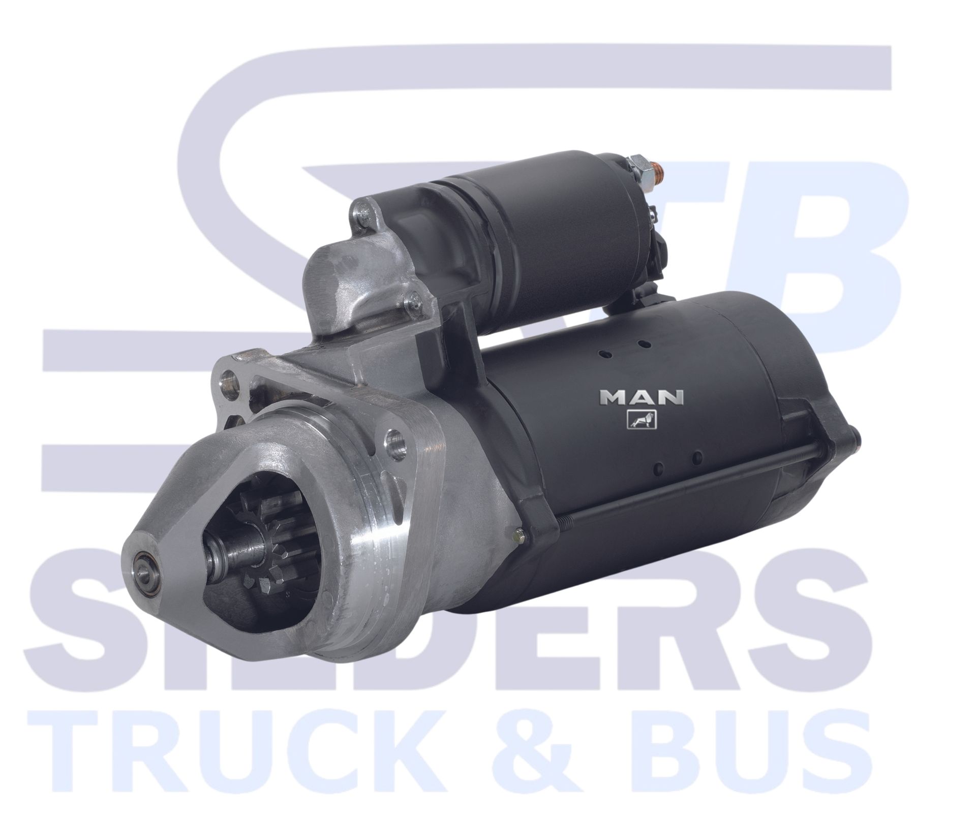 A starter motor for a MAN truck, black and silver, with the MAN logo.