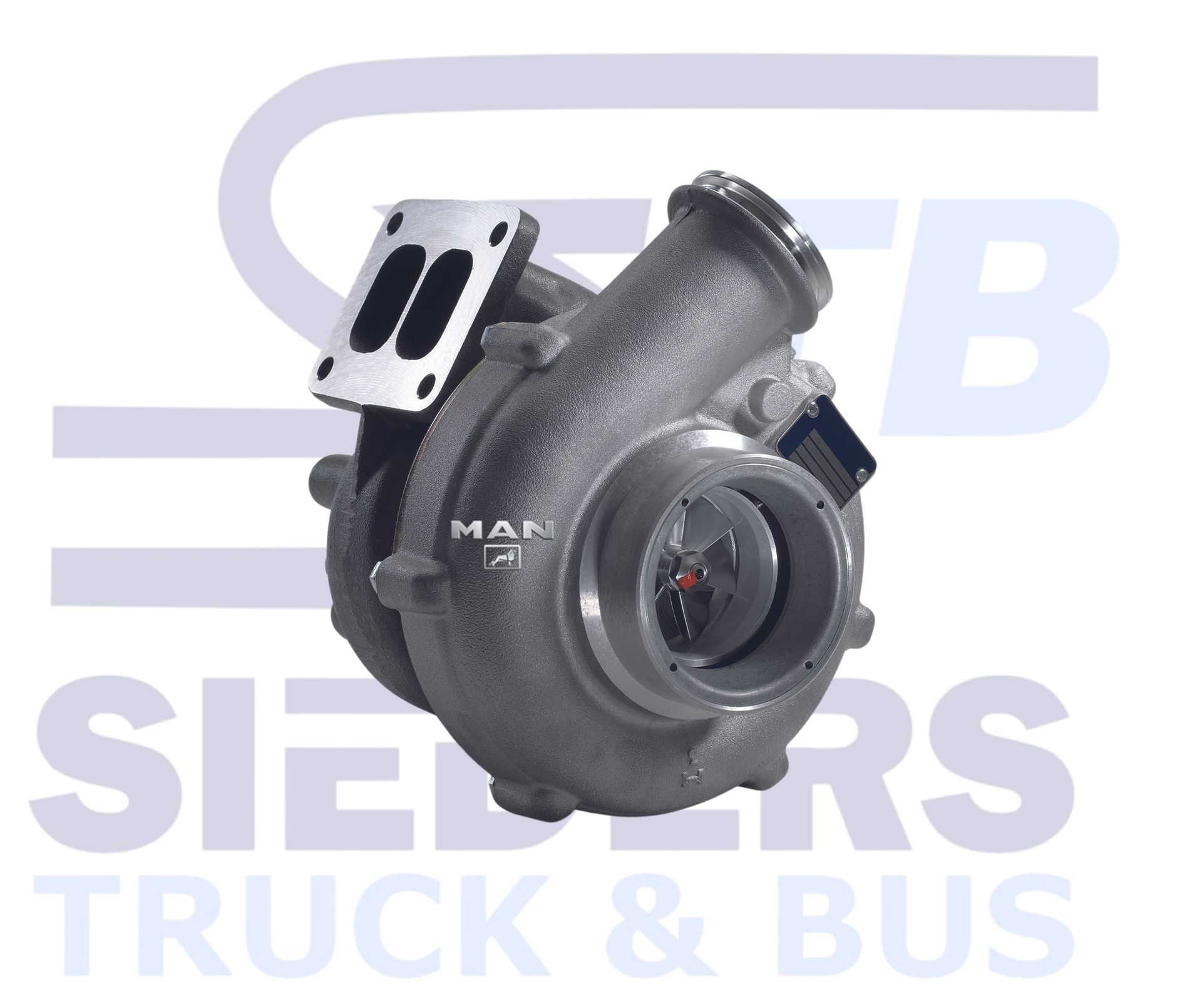 MAN turbocharger, gray metal, with exhaust flange and inlet.