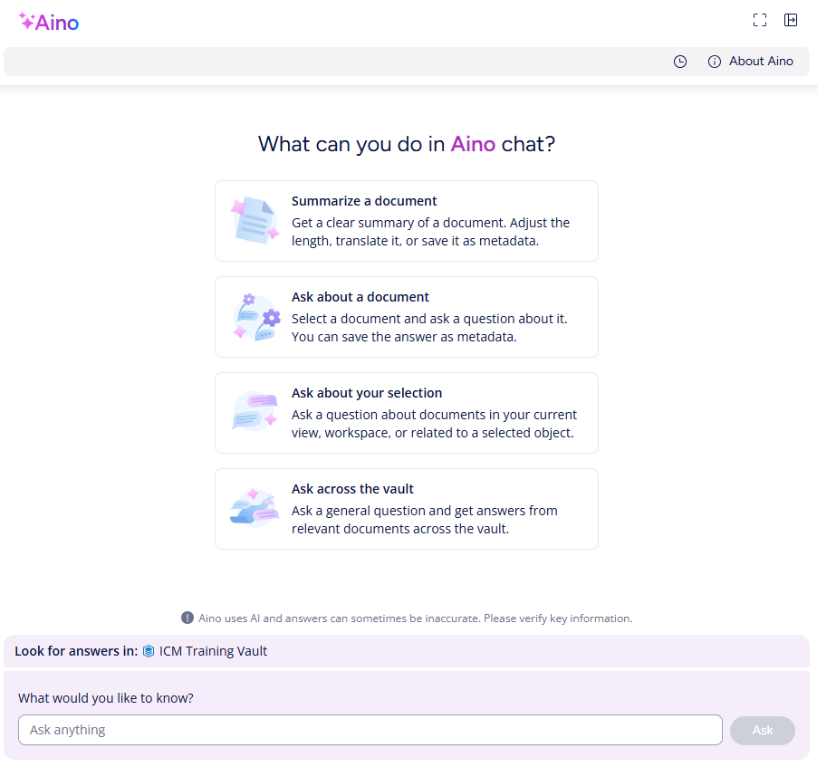 M-Files Aino chat panel showing four example prompts: summarise a document, ask about a document, ask about your selection, and ask across the vault