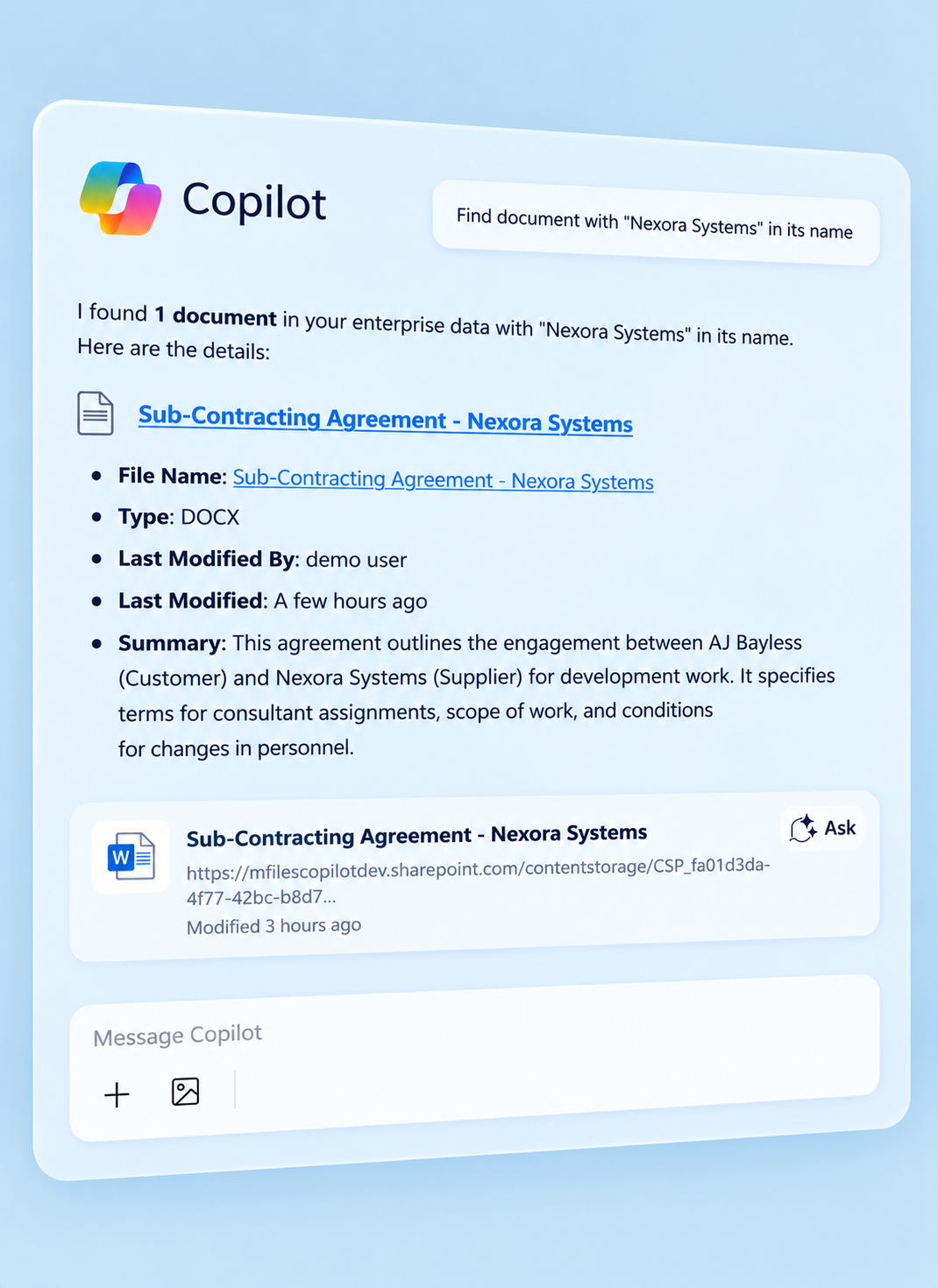 Microsoft Copilot chat showing a search result for a Sub-Contracting Agreement with Nexora Systems, stored in M-Files, with file details and an AI-generated summary