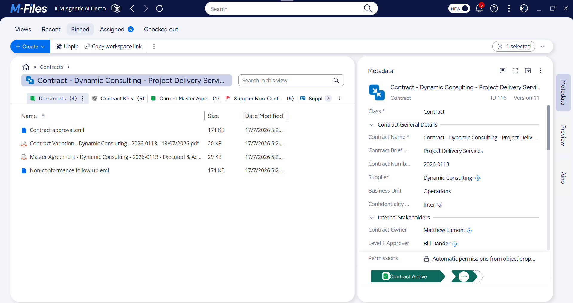 M-Files Workspaces contract view showing linked documents, supplier and KPI records, and metadata in one screen