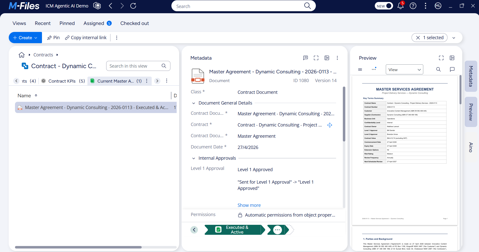 M-Files document preview showing contract approval history and key terms summary alongside file metadata