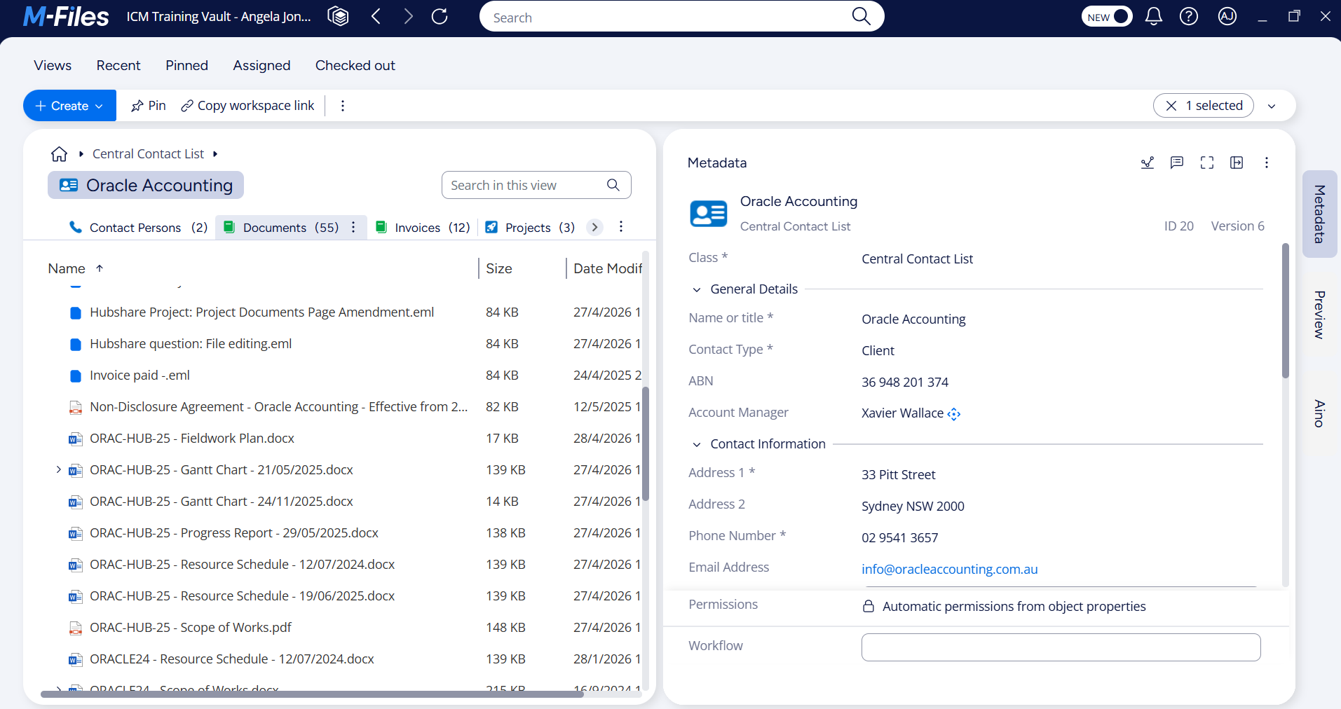 M-Files Workspaces client view showing linked documents, invoices, contact persons and projects metadata in one screen