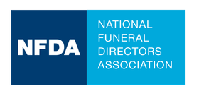 The logo for the national funeral directors association is blue and white.