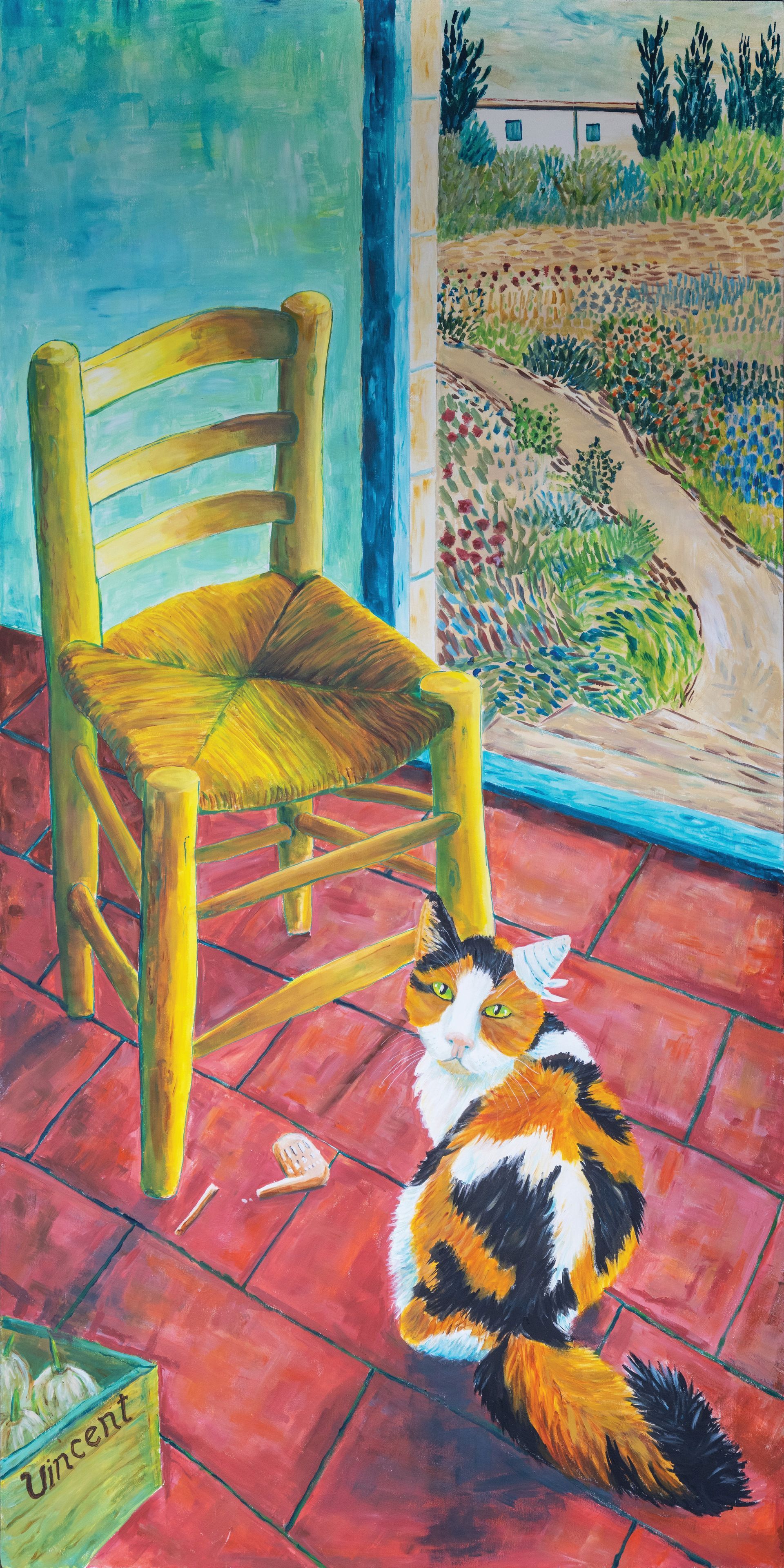 A calico cat is sitting next to a yellow chair in a painting.