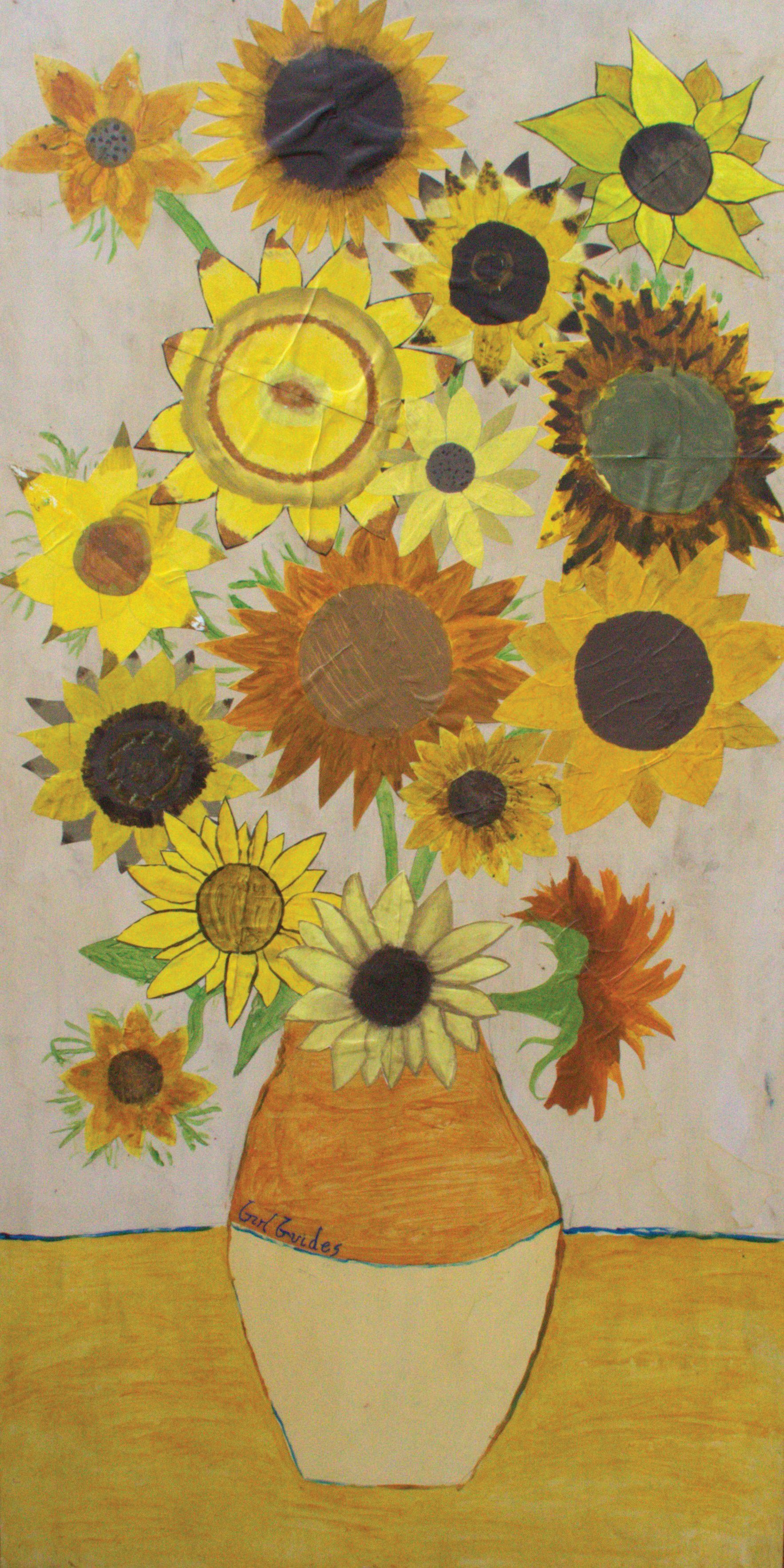 A painting of sunflowers in a vase on a table.