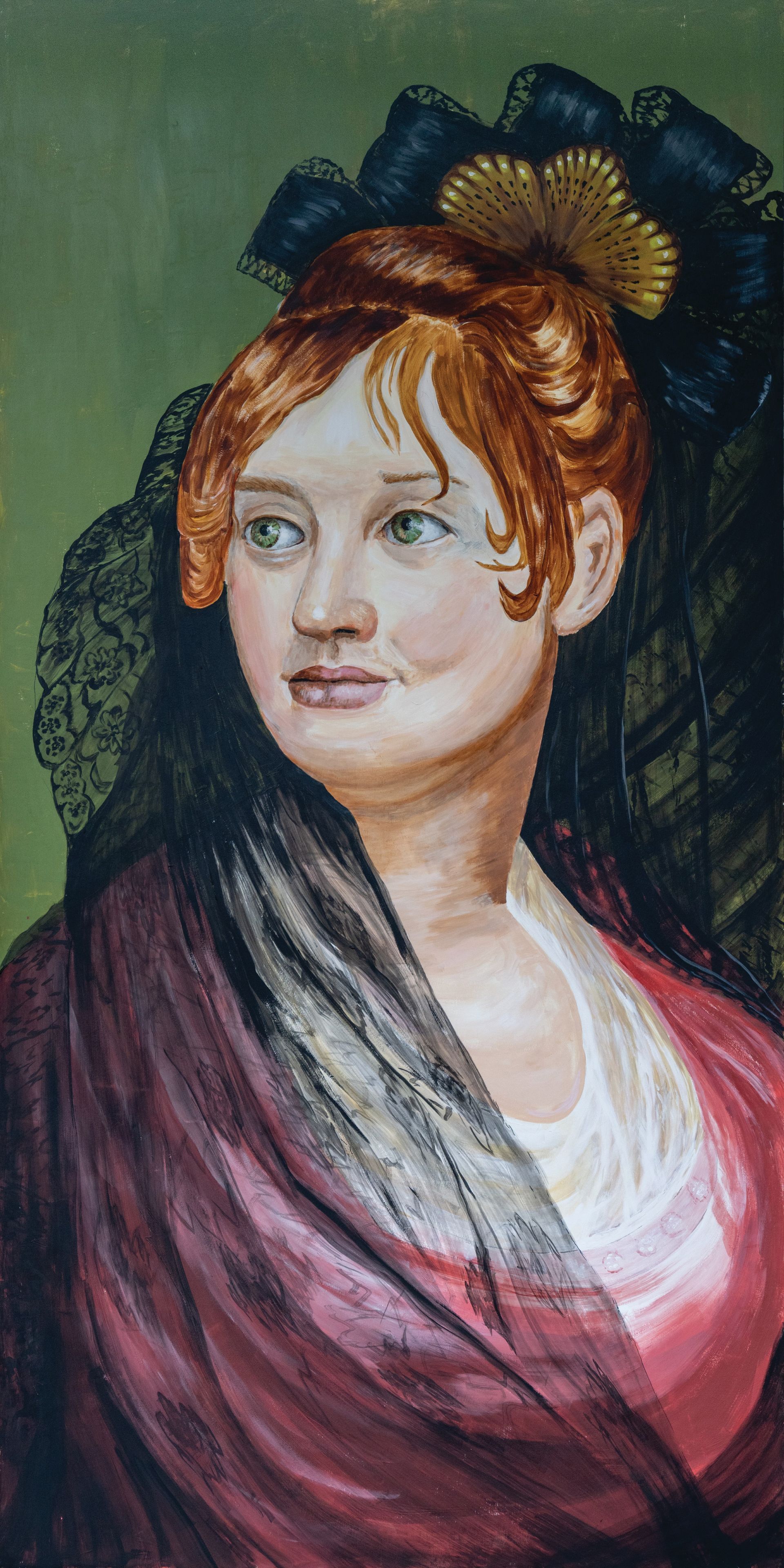 A painting of a woman with red hair wearing a shawl and a hat.