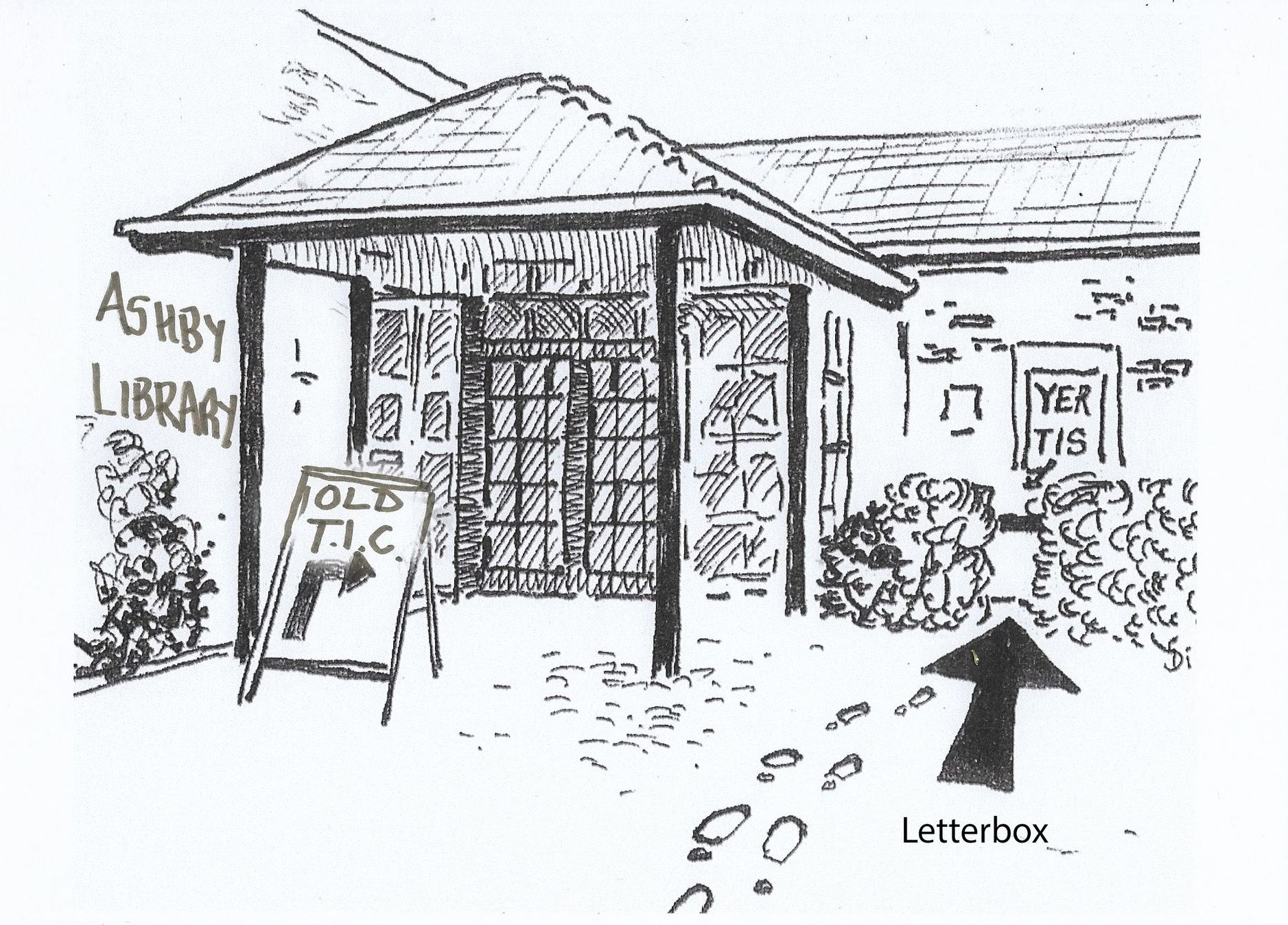 A line drawing of Ashby Library with an
