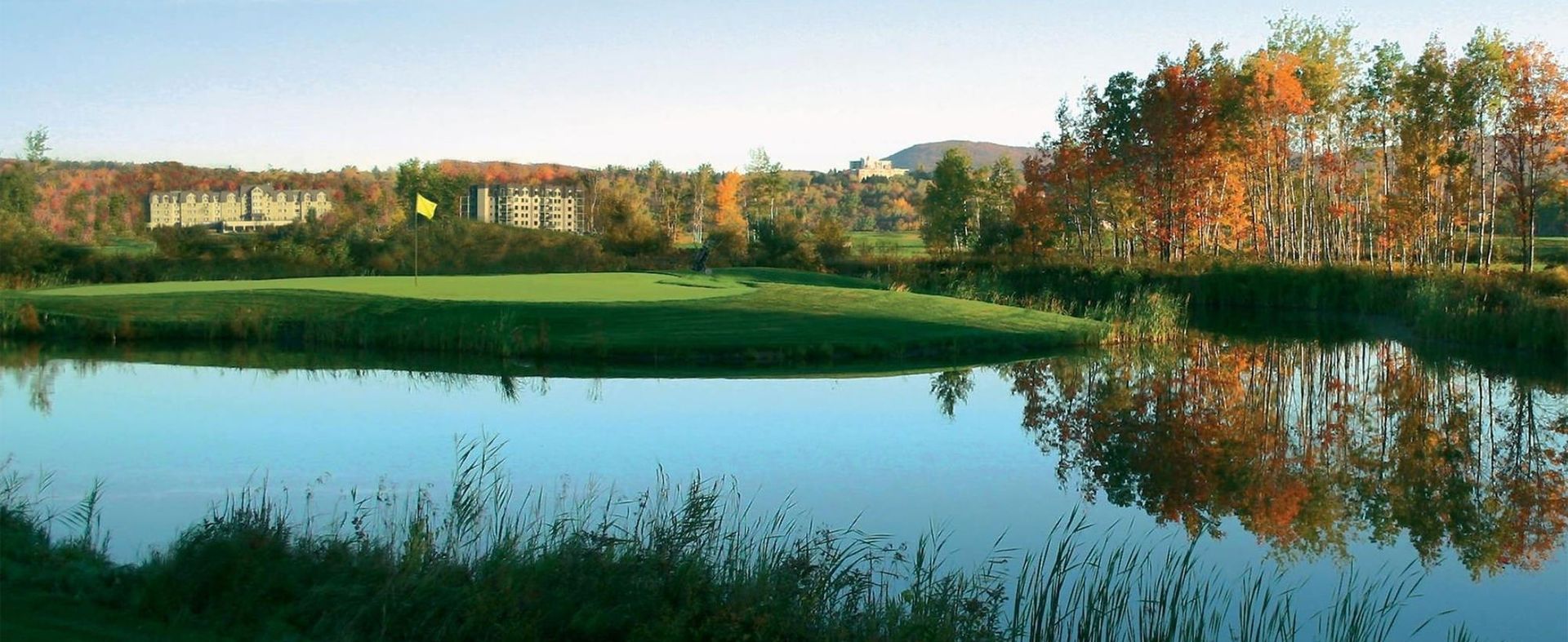 Un lac entouré d'arbres et d'herbe avec un terrain de golf en arrière-plan