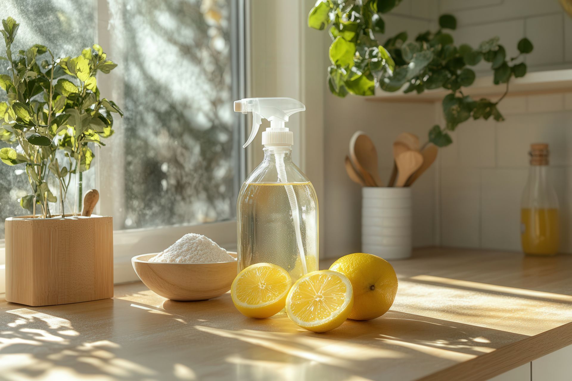A kitchen counter with lemons , baking soda , and a spray bottle.