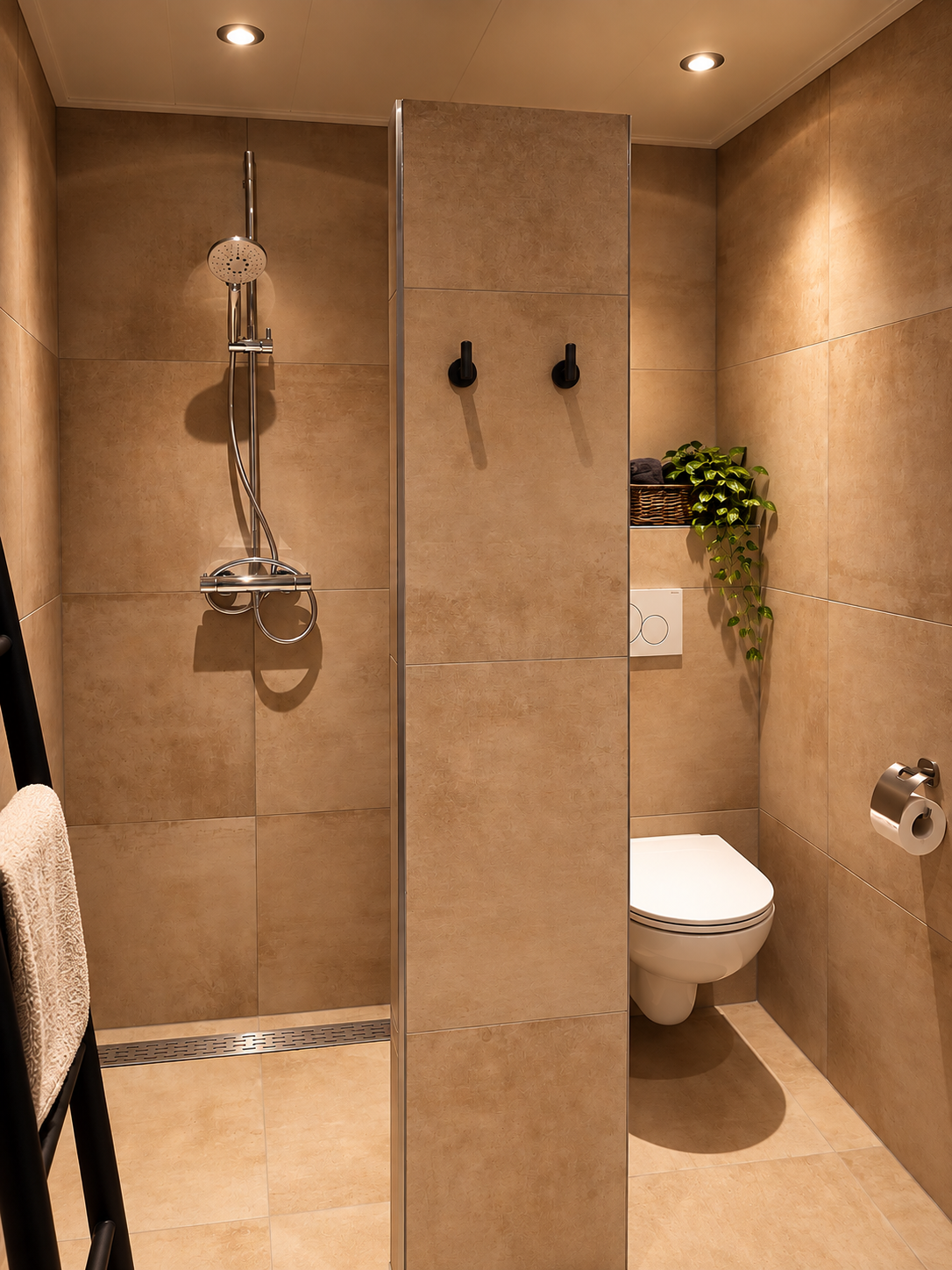 Toegankelijke beige badkamer met inloopdouche, toilet en handgrepen onder sfeervolle inbouwverlichting.