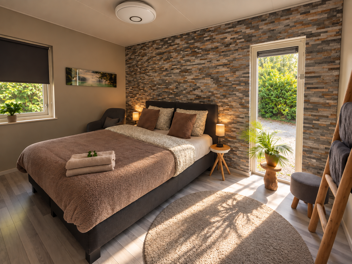 Gezellige slaapkamer met een netjes opgemaakt bed, een muur met natuurstenen accenten en zonlicht dat door de ramen naar binnen schijnt.