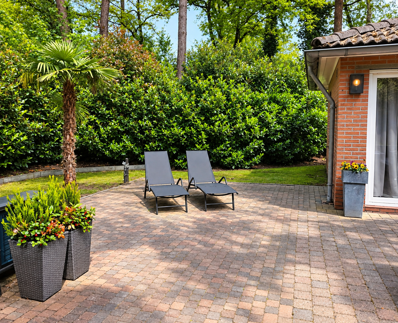 Terras met twee grijze loungestoelen, potplanten en een bakstenen huis naast een groene haag.