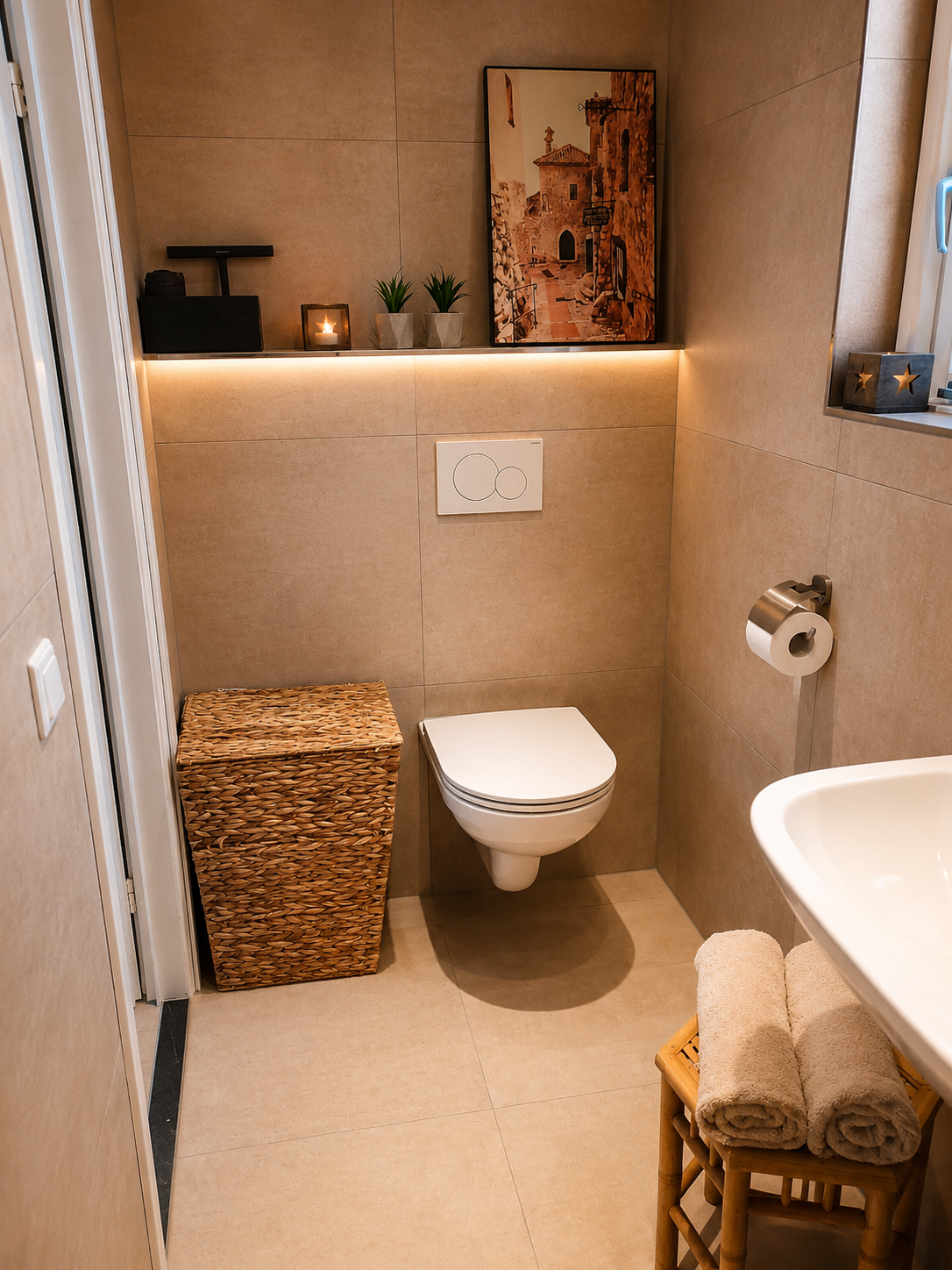 Compacte beige badkamer met wandtoilet, gevlochten mand, wastafel, handdoek en sfeerverlichting op de plank.