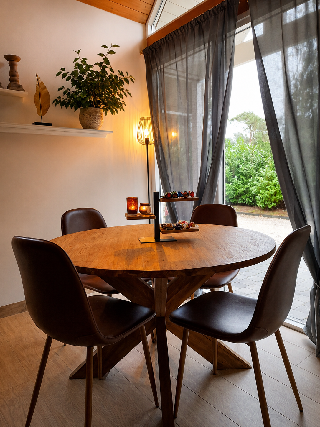 Gezellige eethoek met ronde houten tafel, donkere stoelen, warme lamp en doorschijnende gordijnen bij een licht raam.
