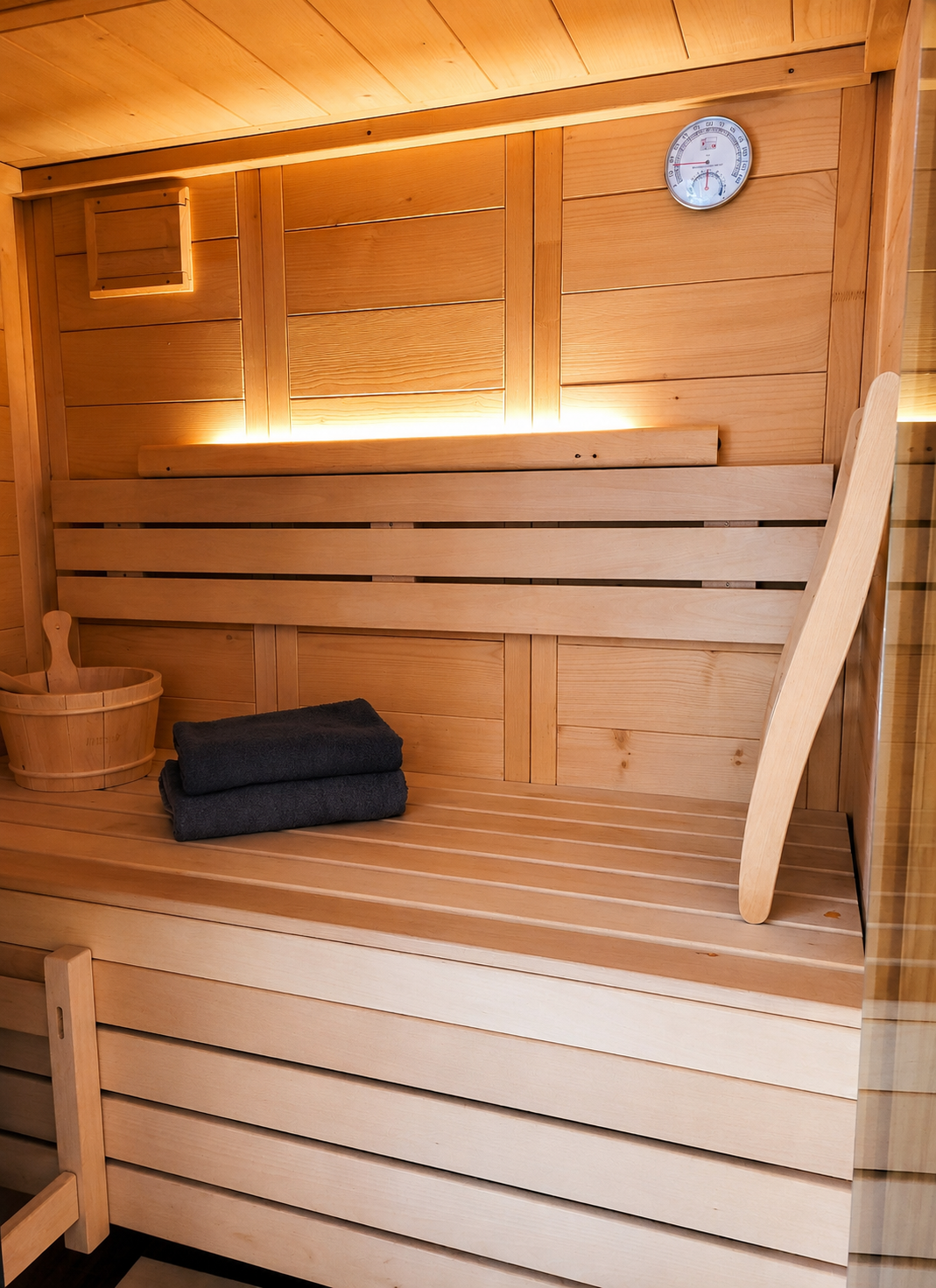 Houten sauna-interieur met banken, sfeervolle verlichting, opgevouwen handdoeken, emmer en wandklok.