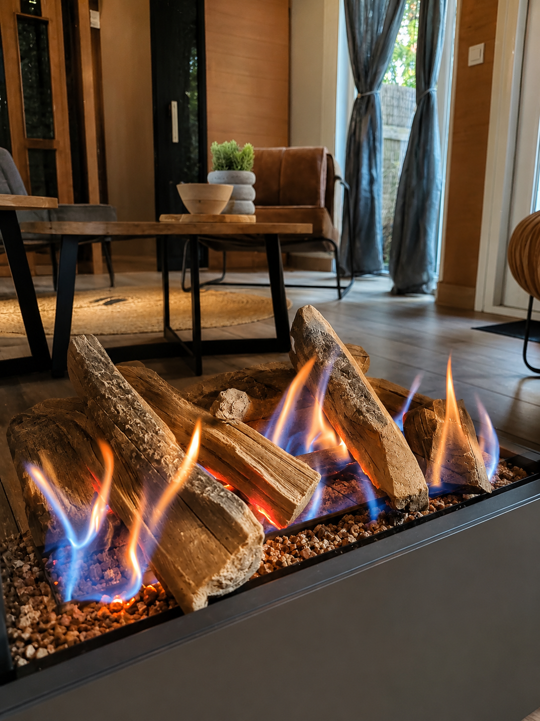 Moderne woonkamer met een sfeervolle gashaard en houtblokken in een zwarte vuurkorf.